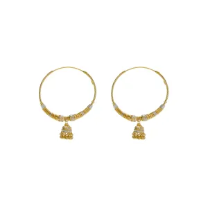 22K Multi Tone Gold Hoop Earrings W/ Shambala Beads, Gold Caps & Jhumki Drops