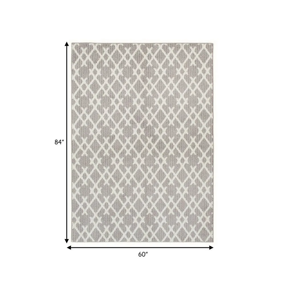 5 x 7 Fabric Floor Area Rug, Diamond, Symmetrical, Medium, Gray, Ivory By Casagear Home