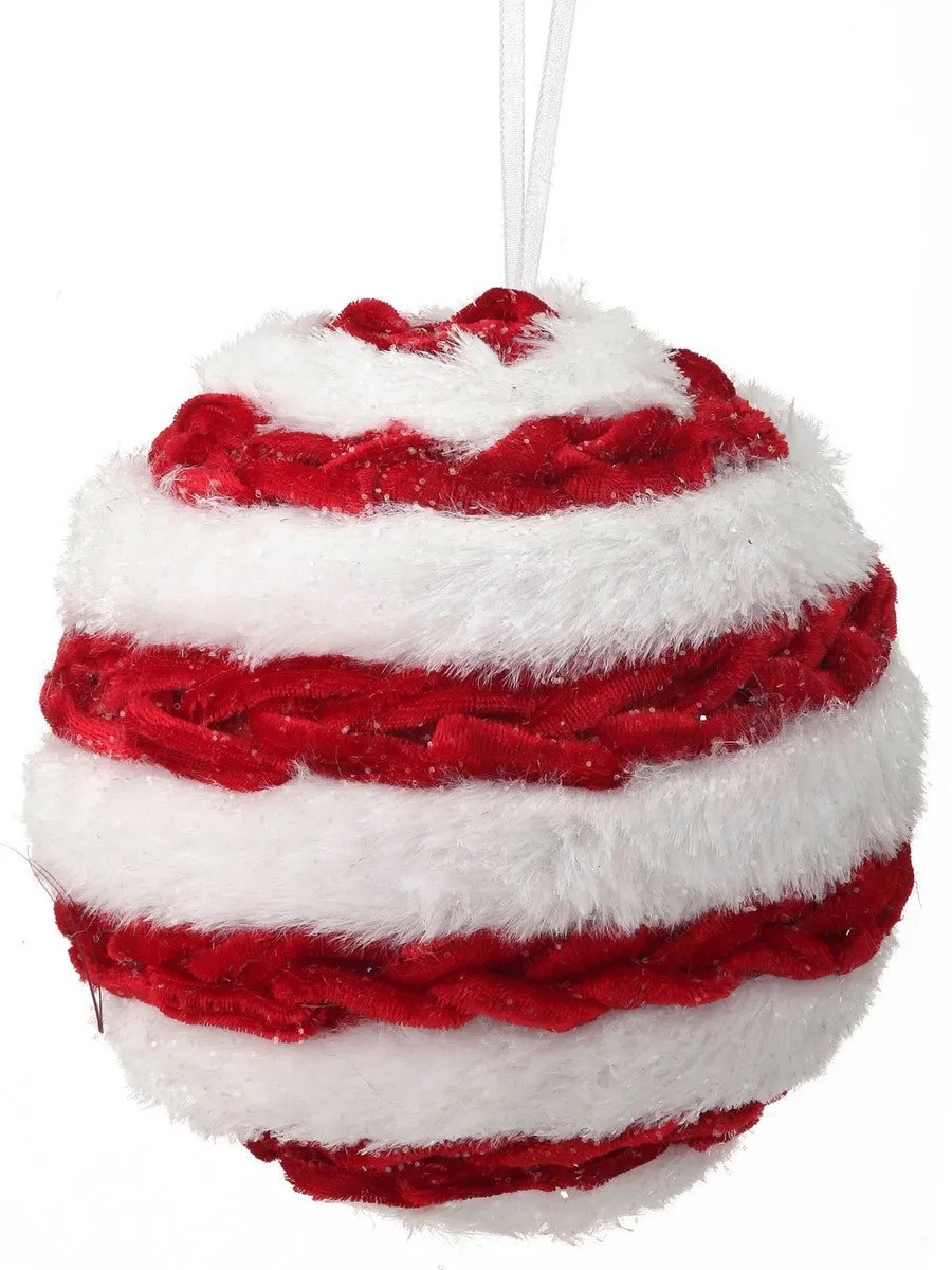 5" Velvet and Fur Striped Ball Ornament: Red/White