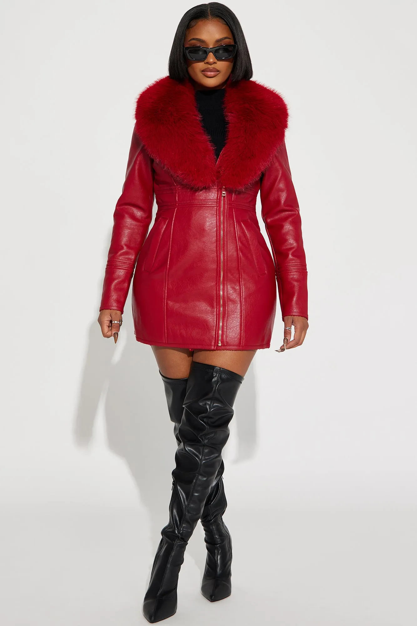 After Hour Faux Leather Coat - Red