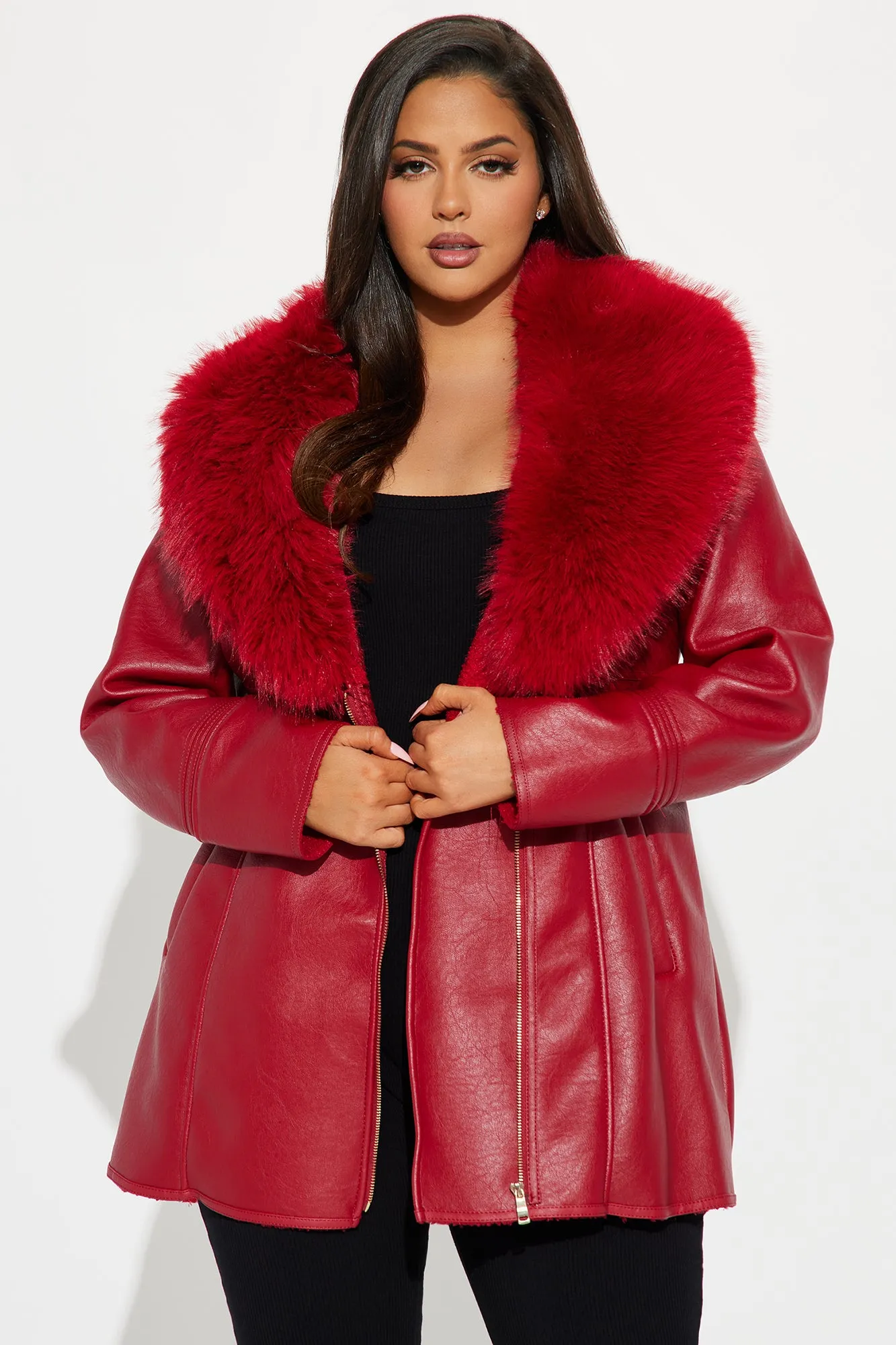 After Hour Faux Leather Coat - Red