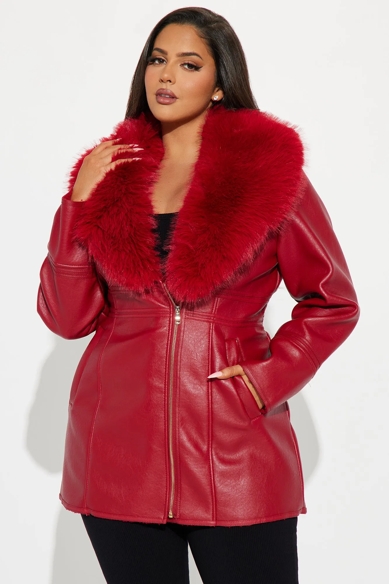 After Hour Faux Leather Coat - Red