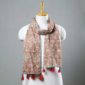 Beige - Sanganeri Block Printed Cotton Stole with Tassels