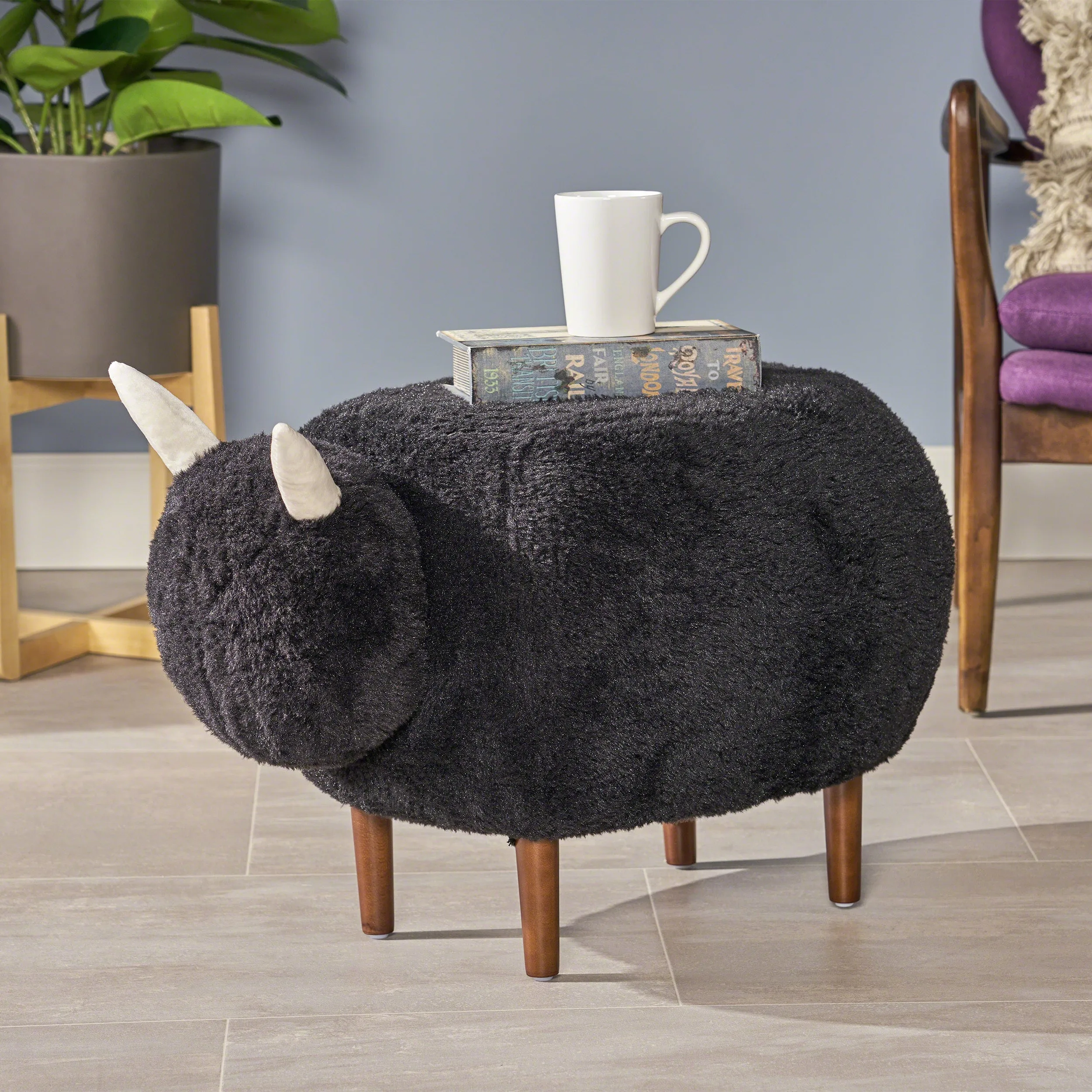 Brebis Furry Sheep Ottoman, Black