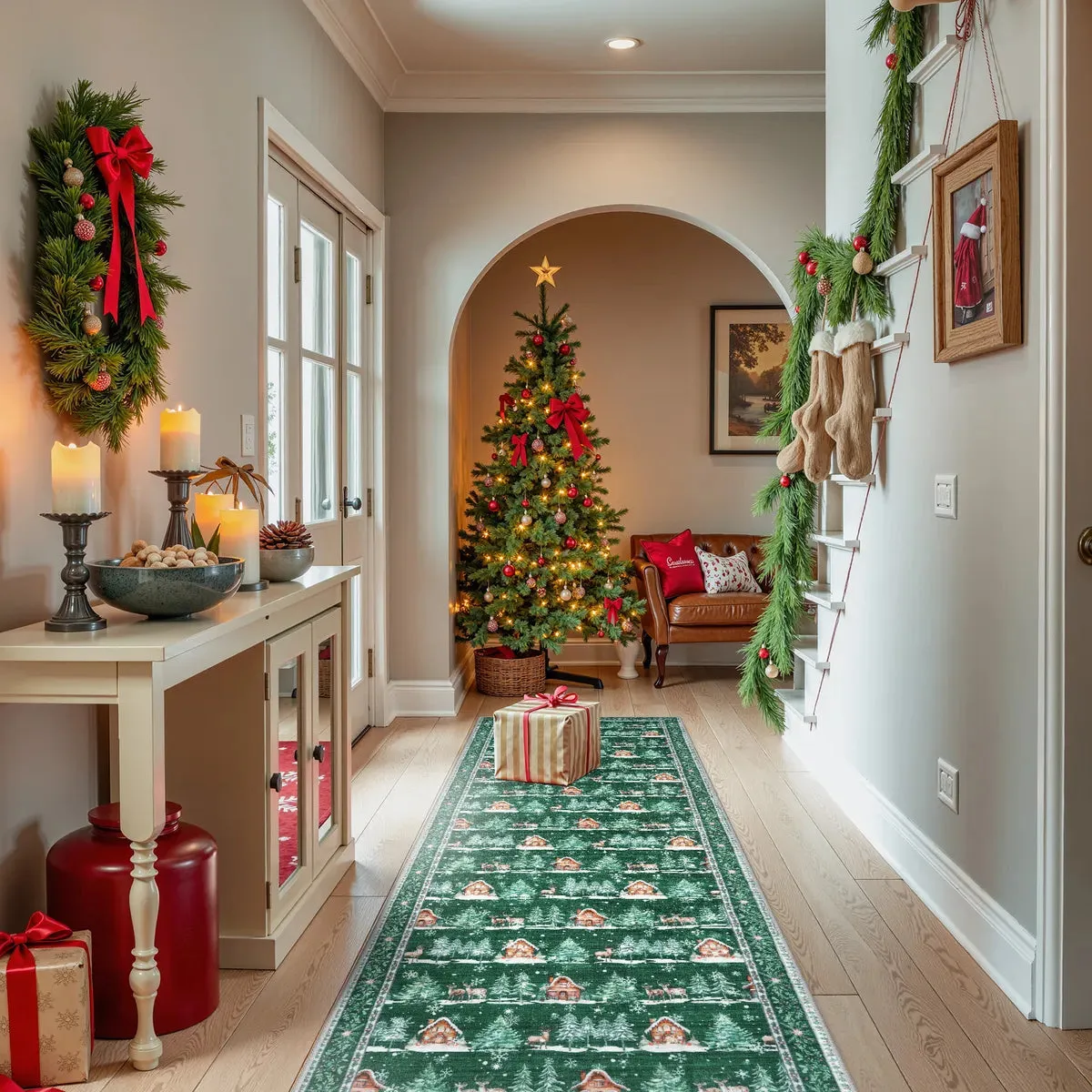 Christmas Cabin and Reindeer Green Area Rug