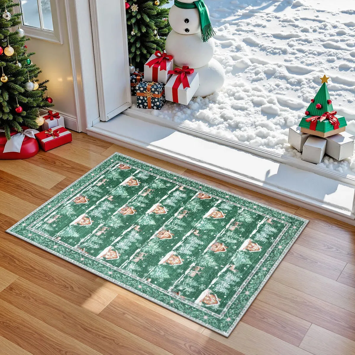 Christmas Cabin and Reindeer Green Area Rug