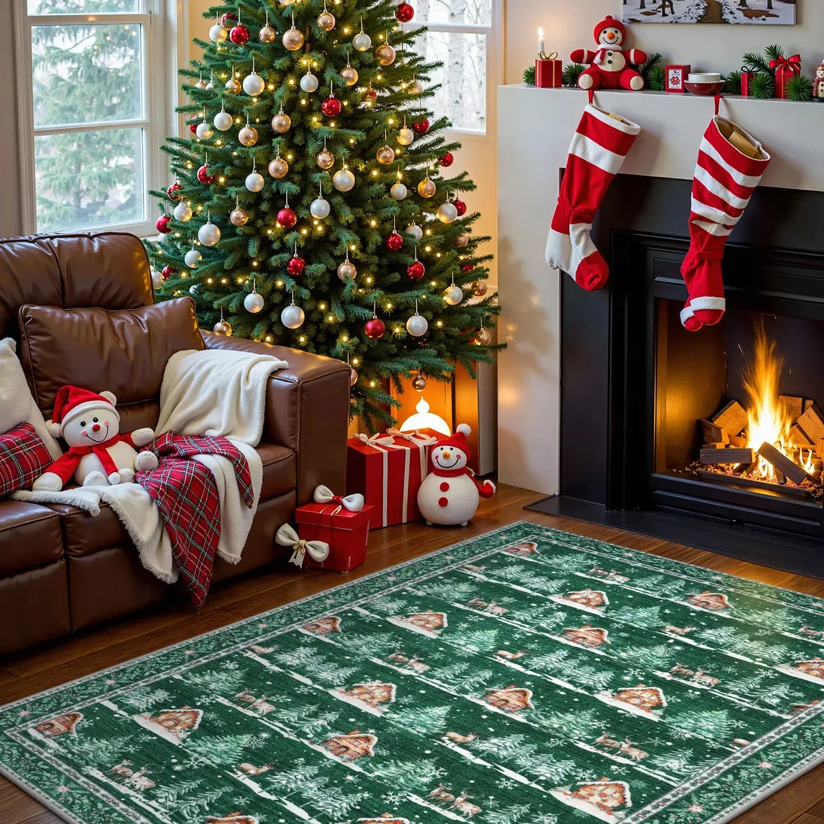 Christmas Cabin and Reindeer Green Area Rug