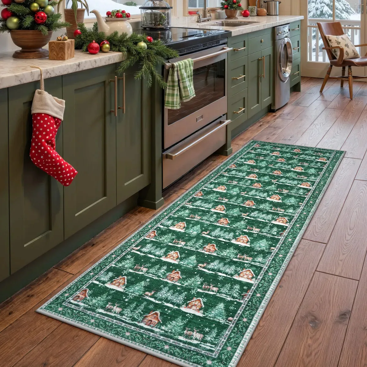 Christmas Cabin and Reindeer Green Area Rug