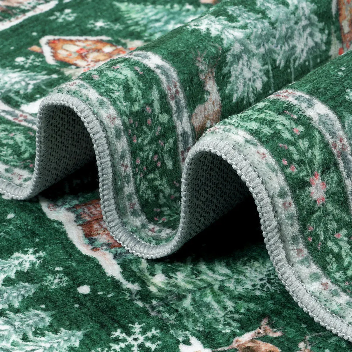 Christmas Cabin and Reindeer Green Area Rug