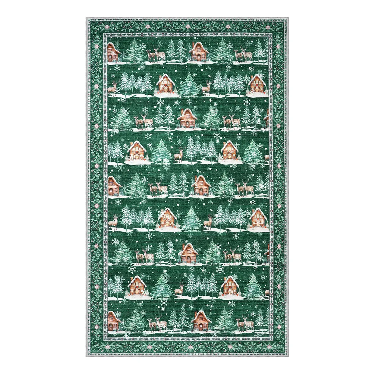 Christmas Cabin and Reindeer Green Area Rug