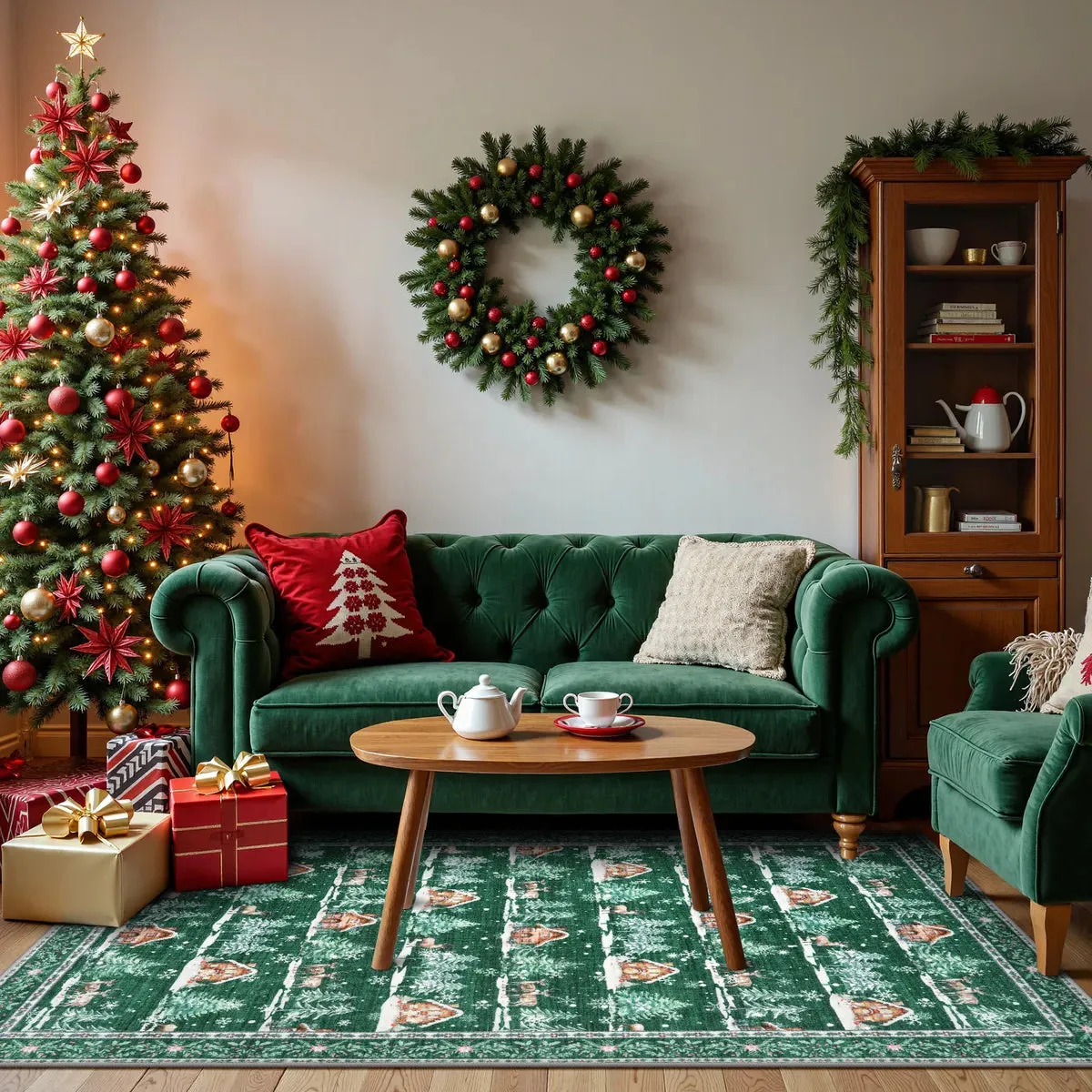 Christmas Cabin and Reindeer Green Area Rug