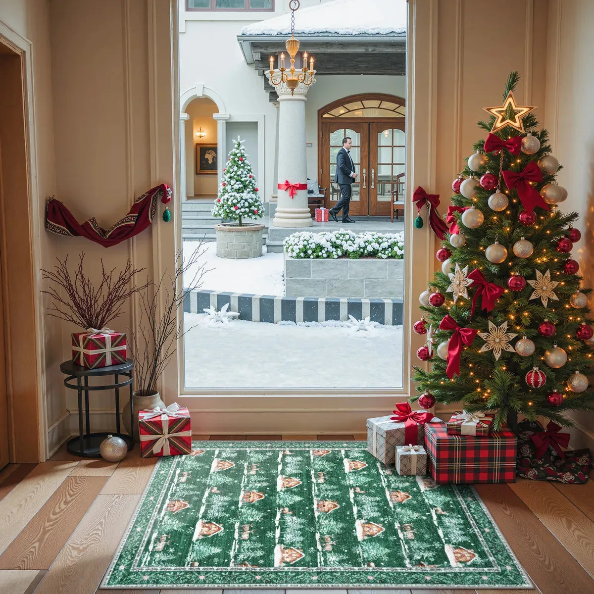 Christmas Cabin and Reindeer Green Area Rug