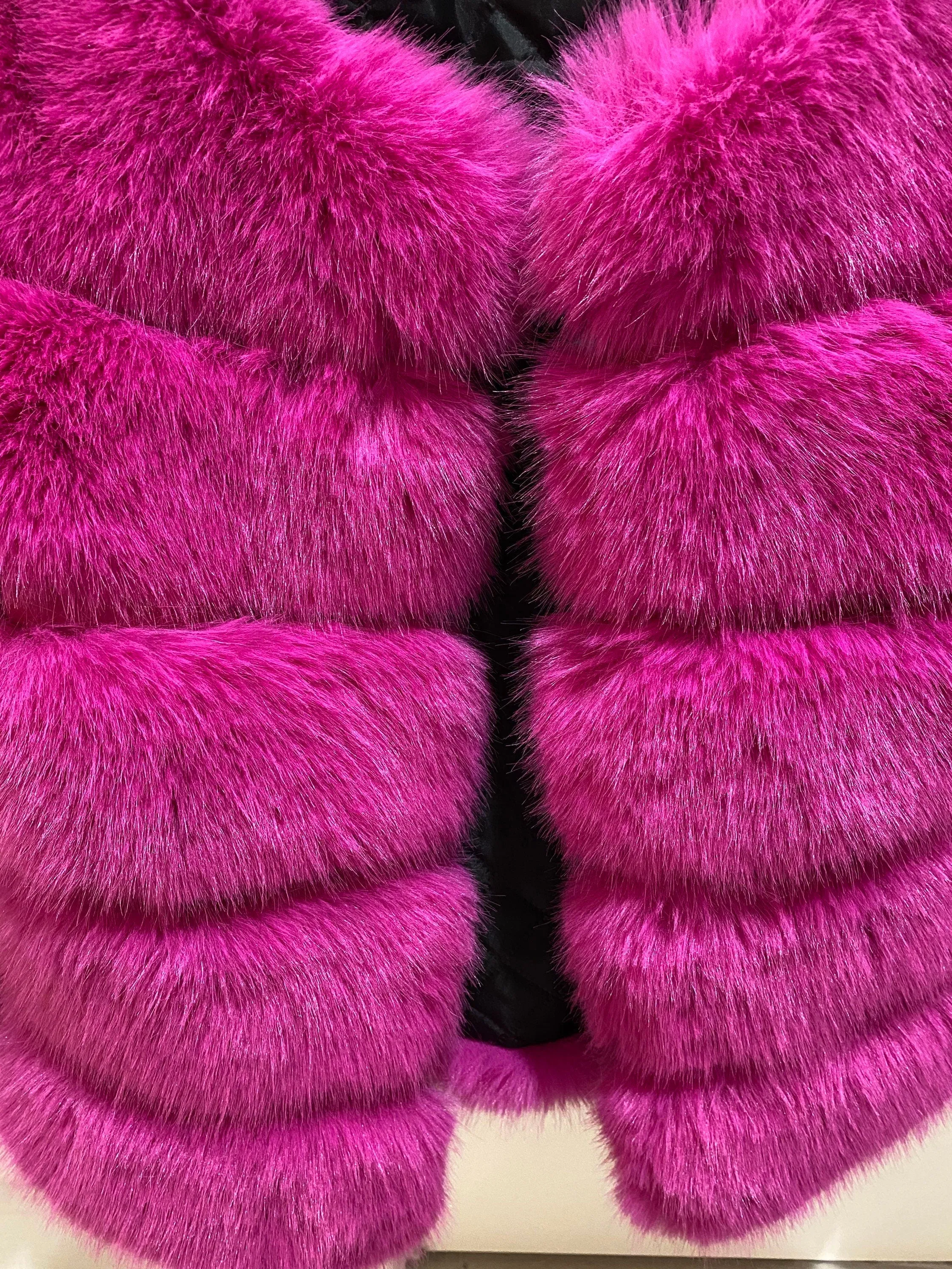 Classic 5 Row Magenta Pink Faux Fur Jacket