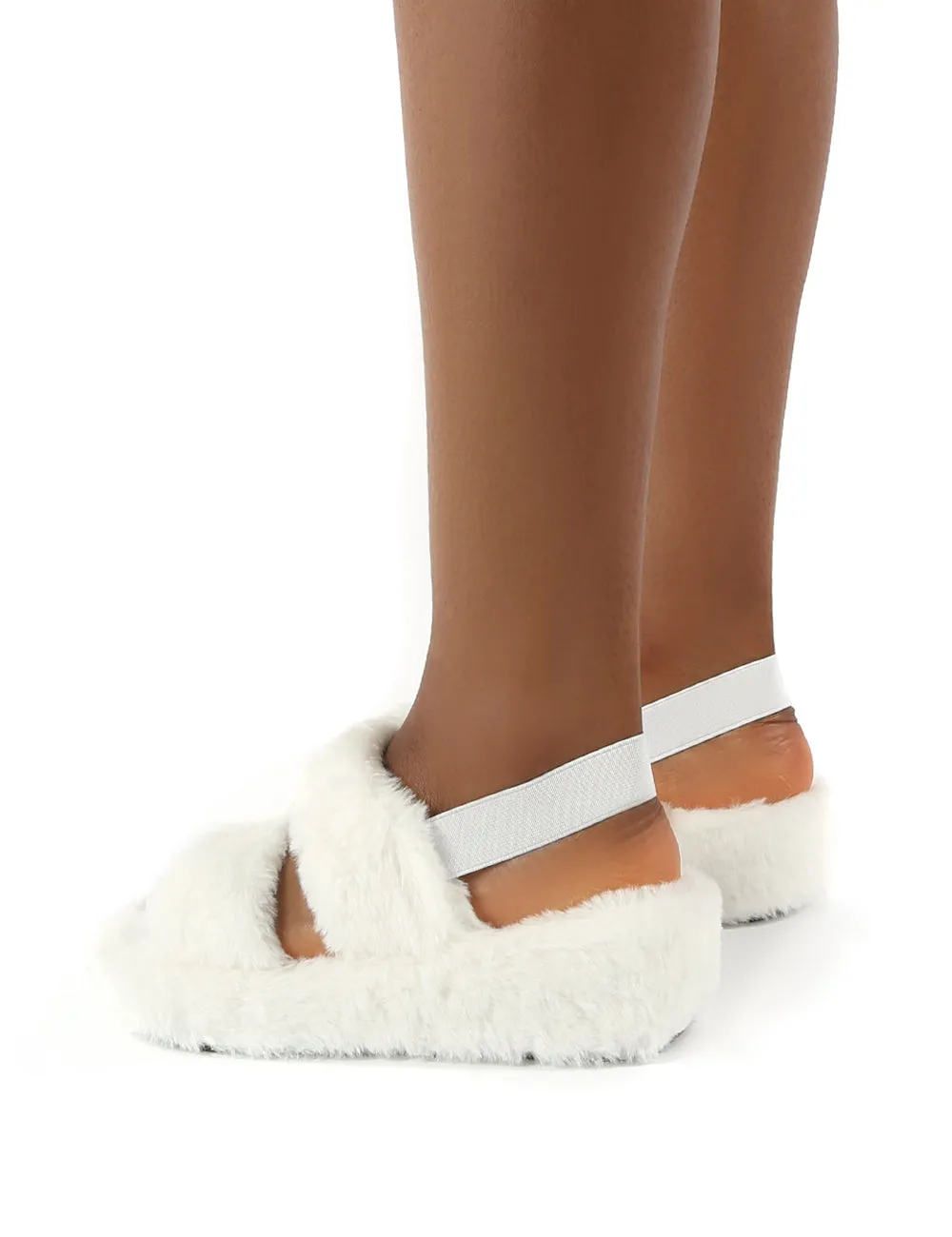 Dawn White Strap Back Faux Fur Fluffy Slippers