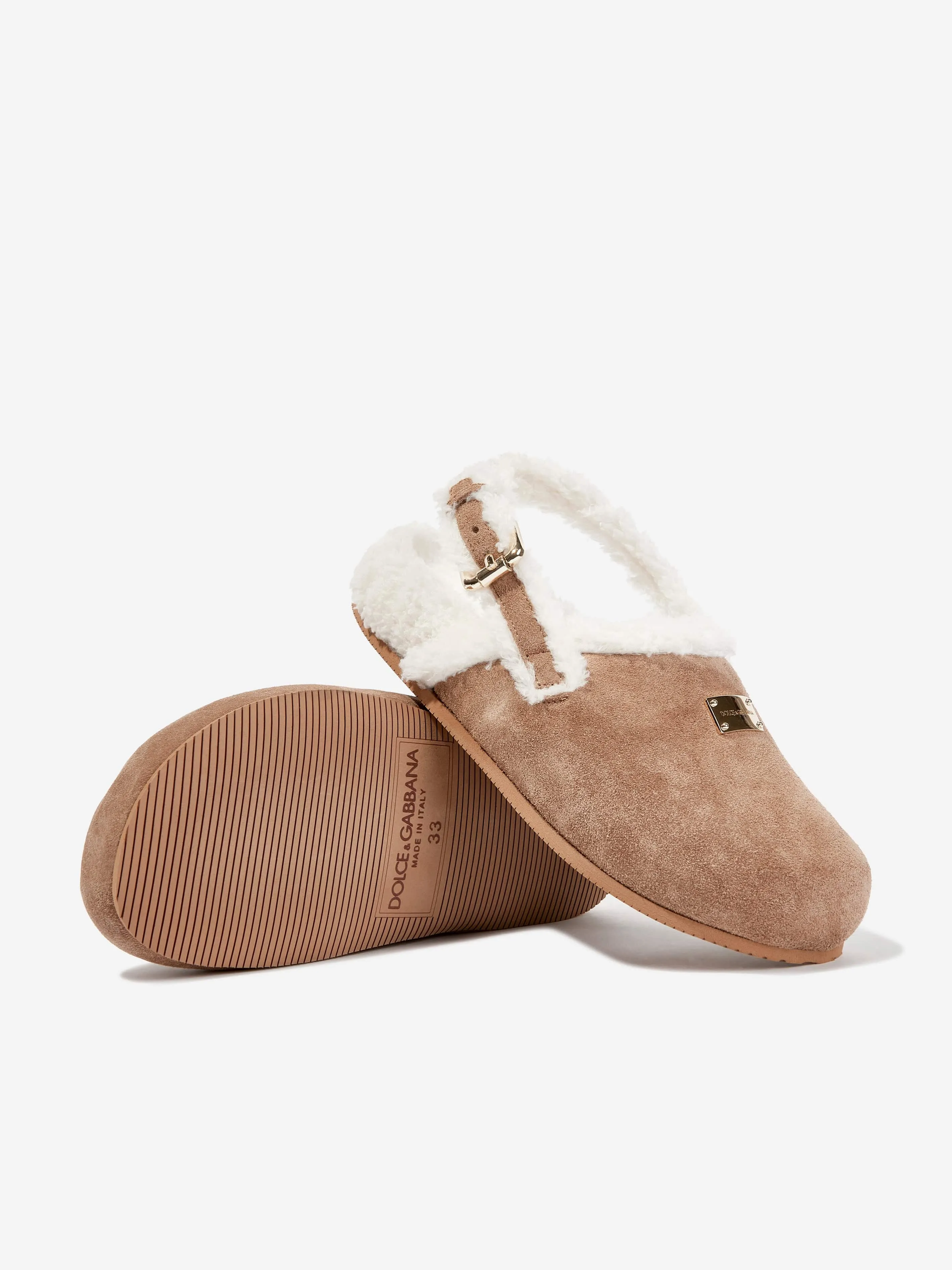 Dolce & Gabbana Kids Shearling Slippers in Brown