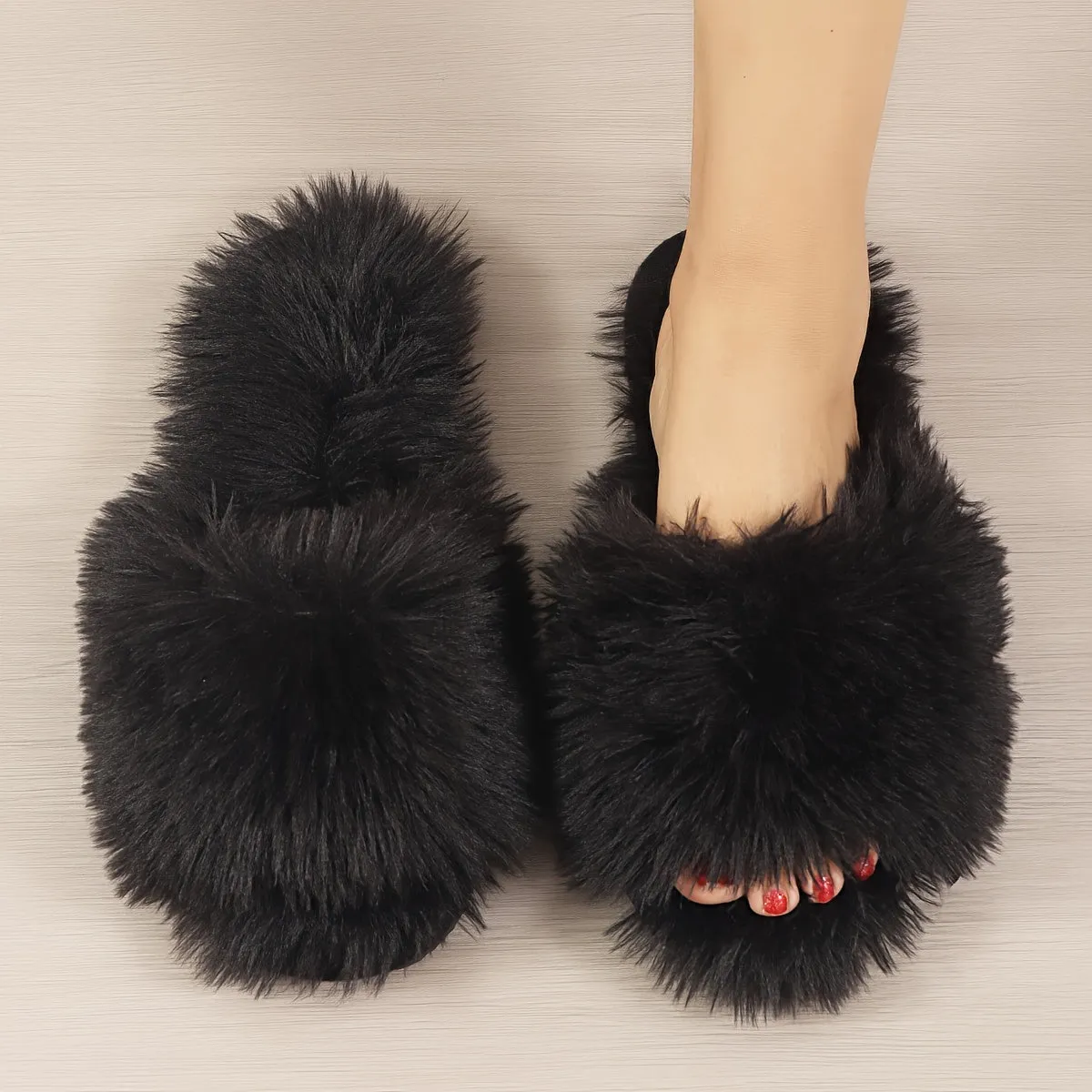 Fashion Plush Slippers, Plush Lined Fluffy Faux Fur Slides, Indoor Comfortable Antislip PVC Sole