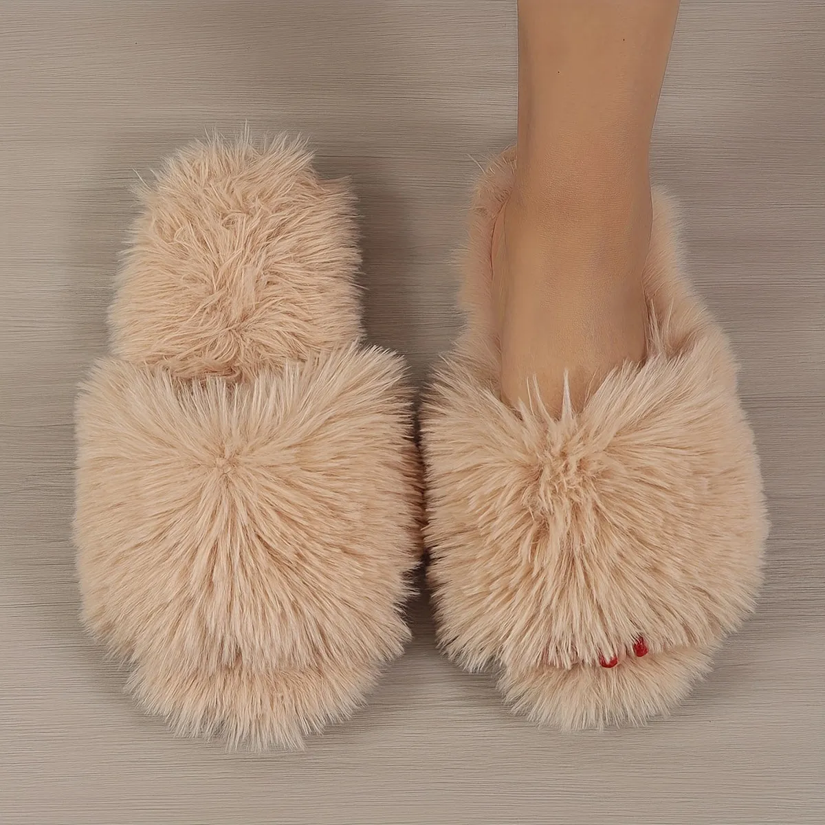 Fashion Plush Slippers, Plush Lined Fluffy Faux Fur Slides, Indoor Comfortable Antislip PVC Sole