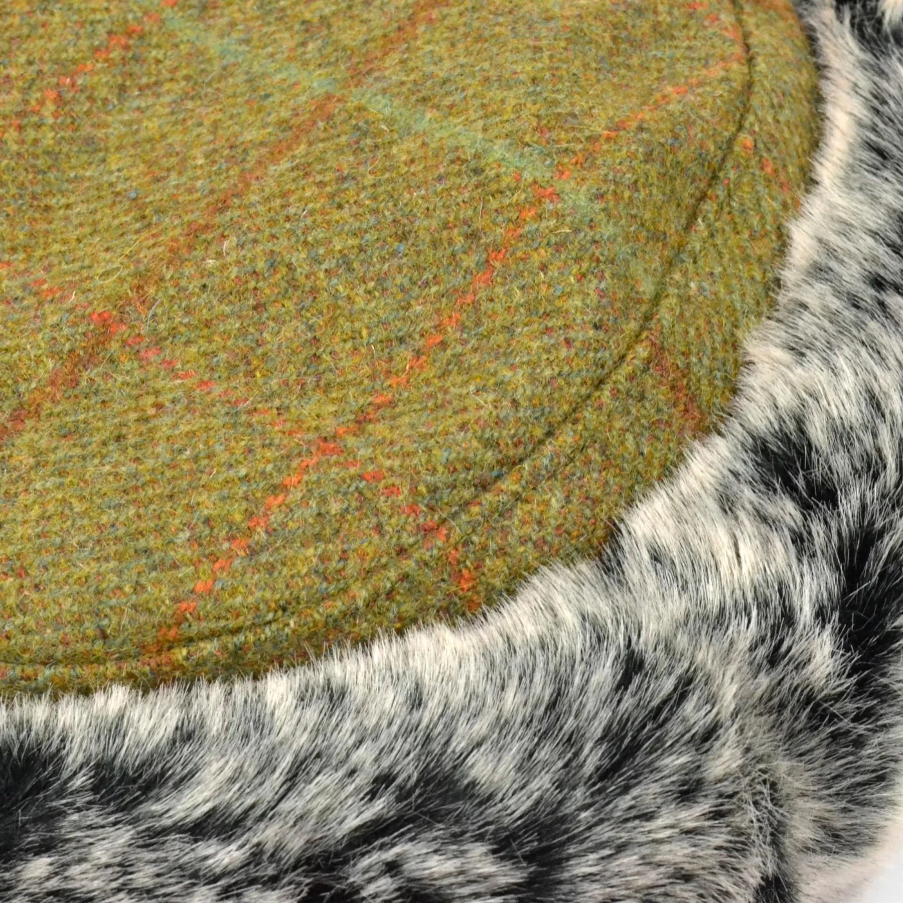 Flat Top Tweed Hat with Faux Fur cuff - Dark green