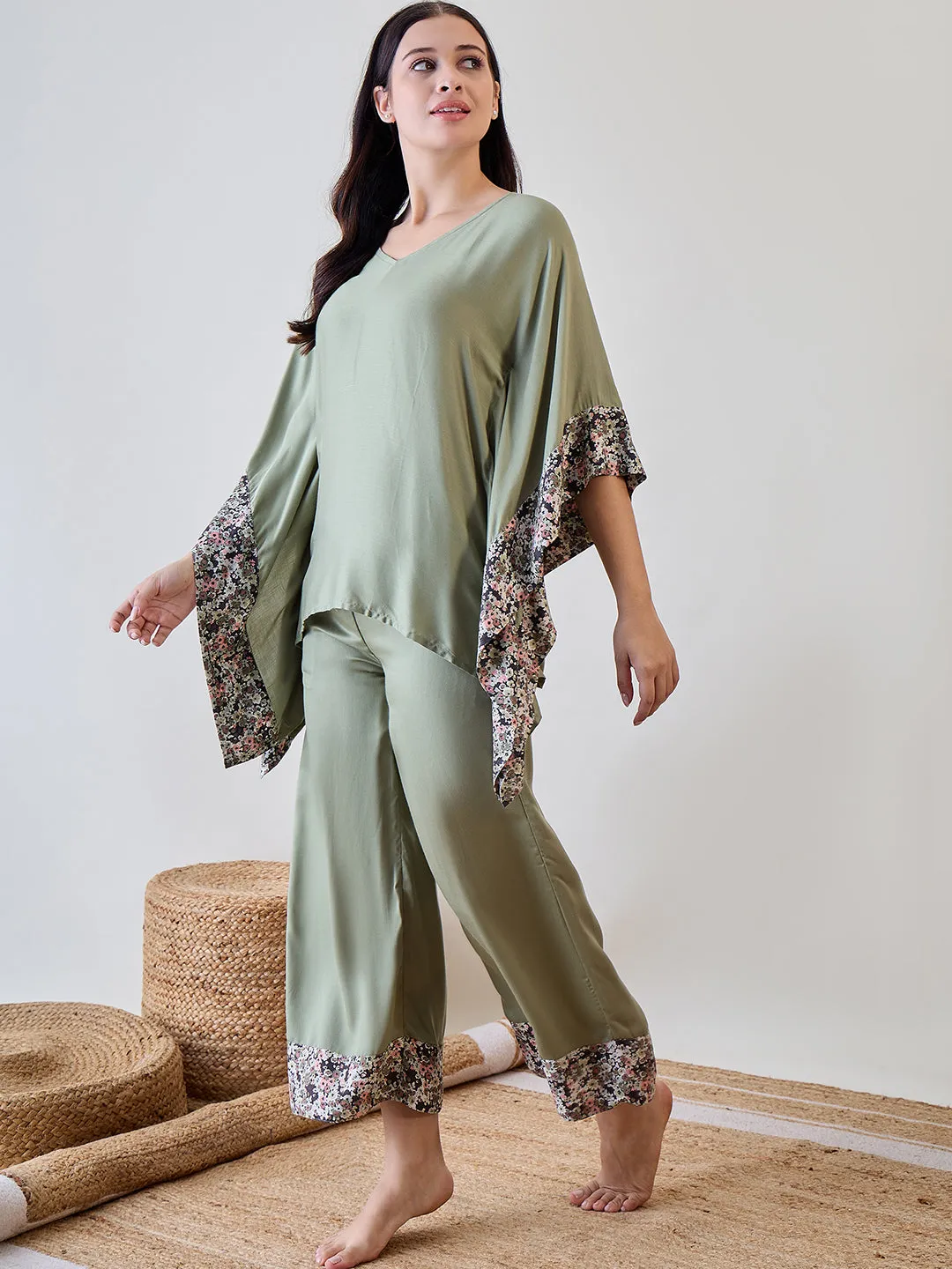 Floral Bordered Pastel Green Soft Modal Lounge Set