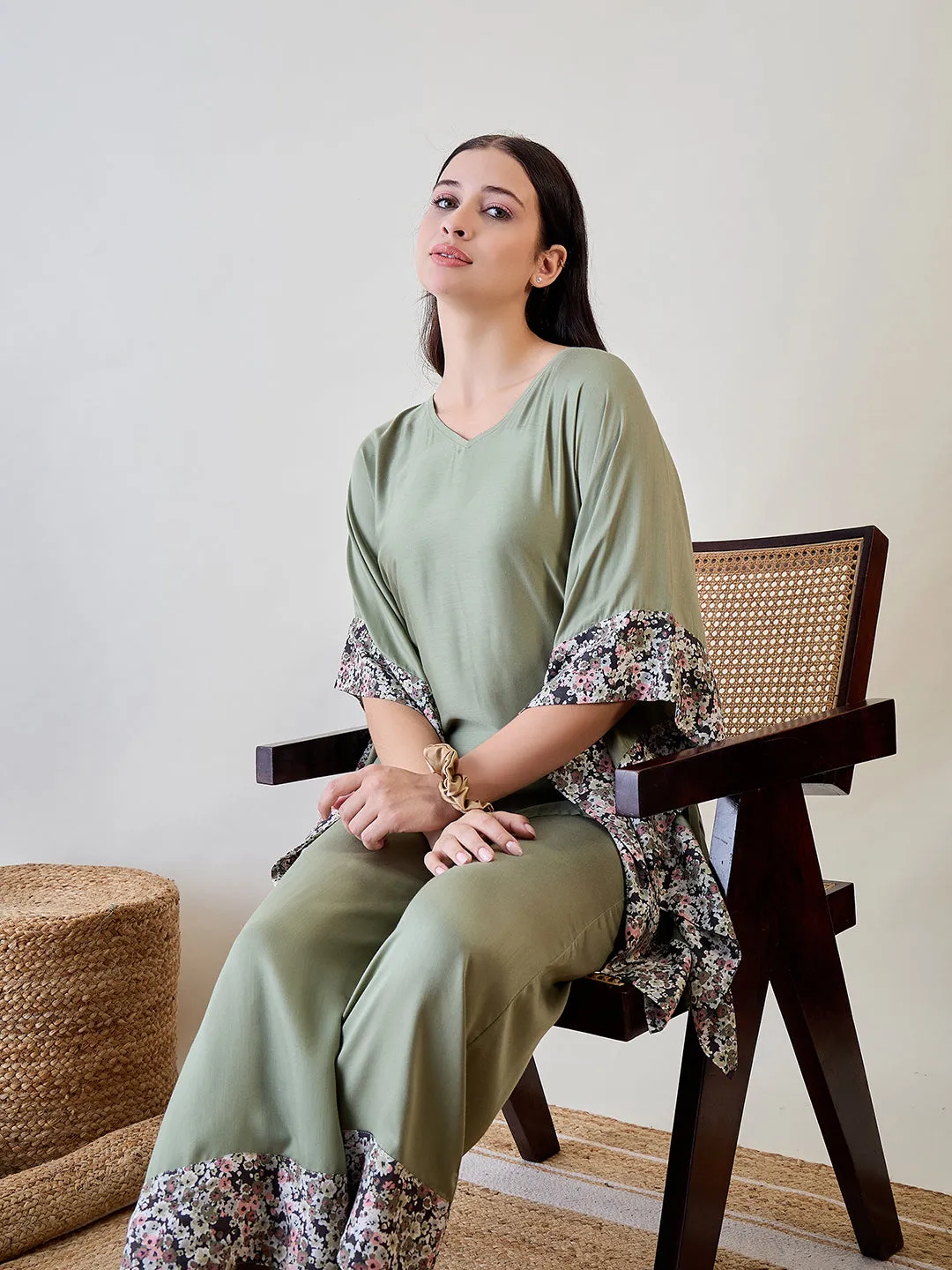 Floral Bordered Pastel Green Soft Modal Lounge Set