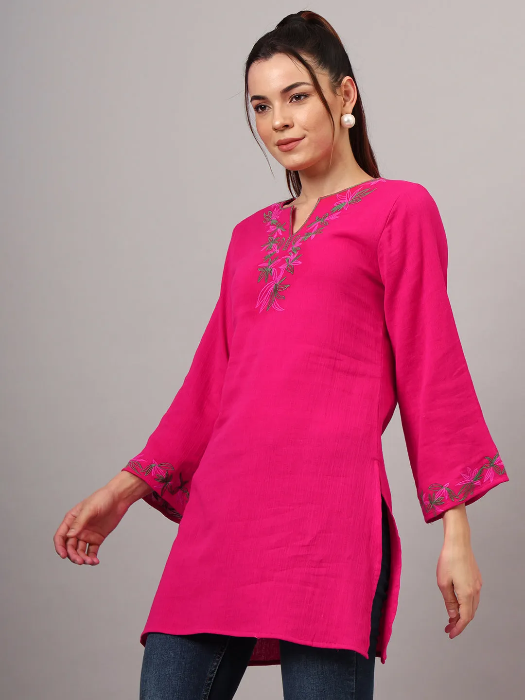 Floral Embroidered Cotton Pink kurti