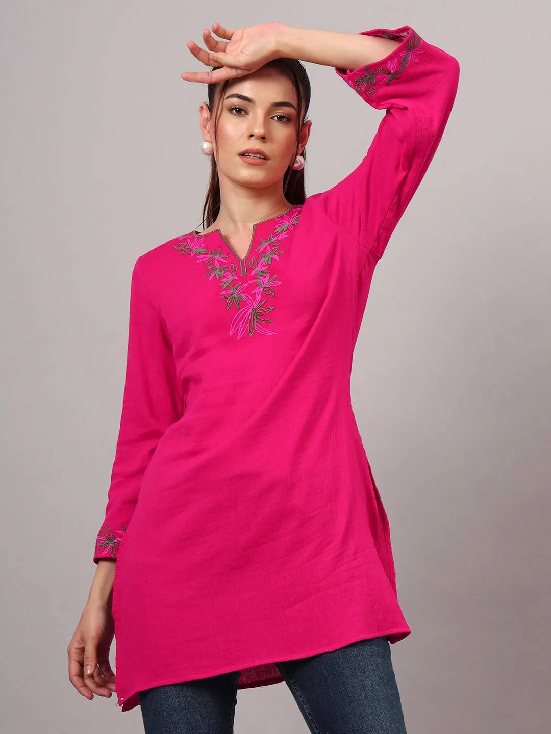 Floral Embroidered Cotton Pink kurti