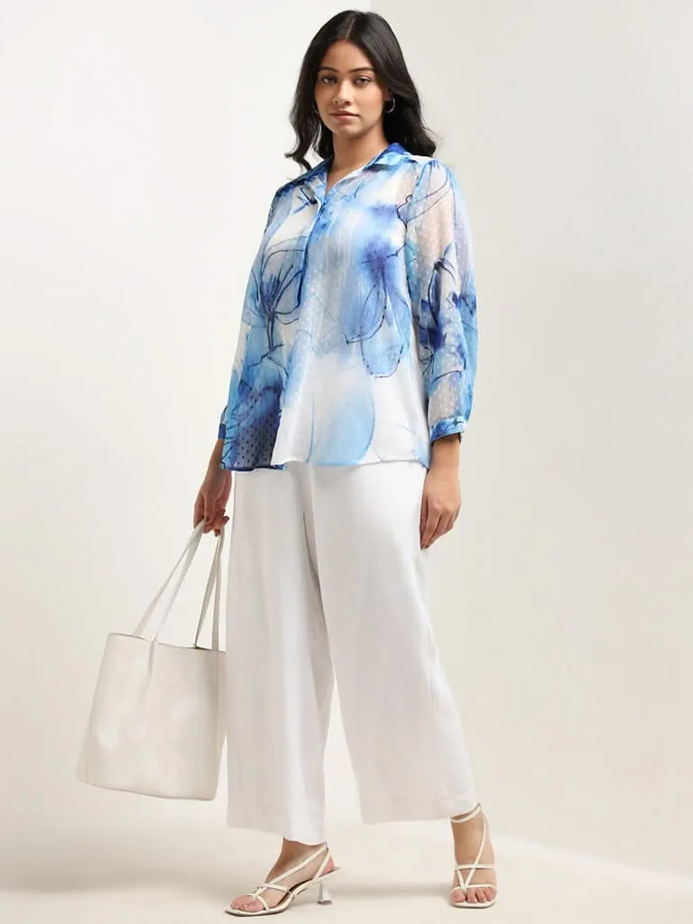 Gia Blue Floral Printed Tufted Shirt