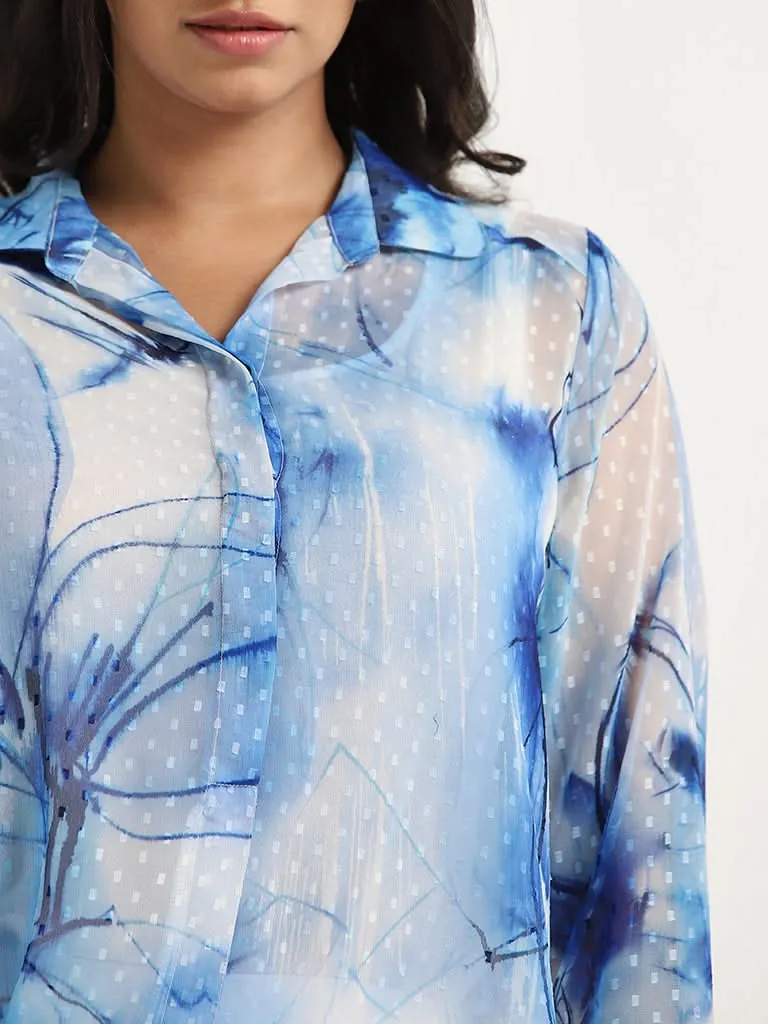 Gia Blue Floral Printed Tufted Shirt