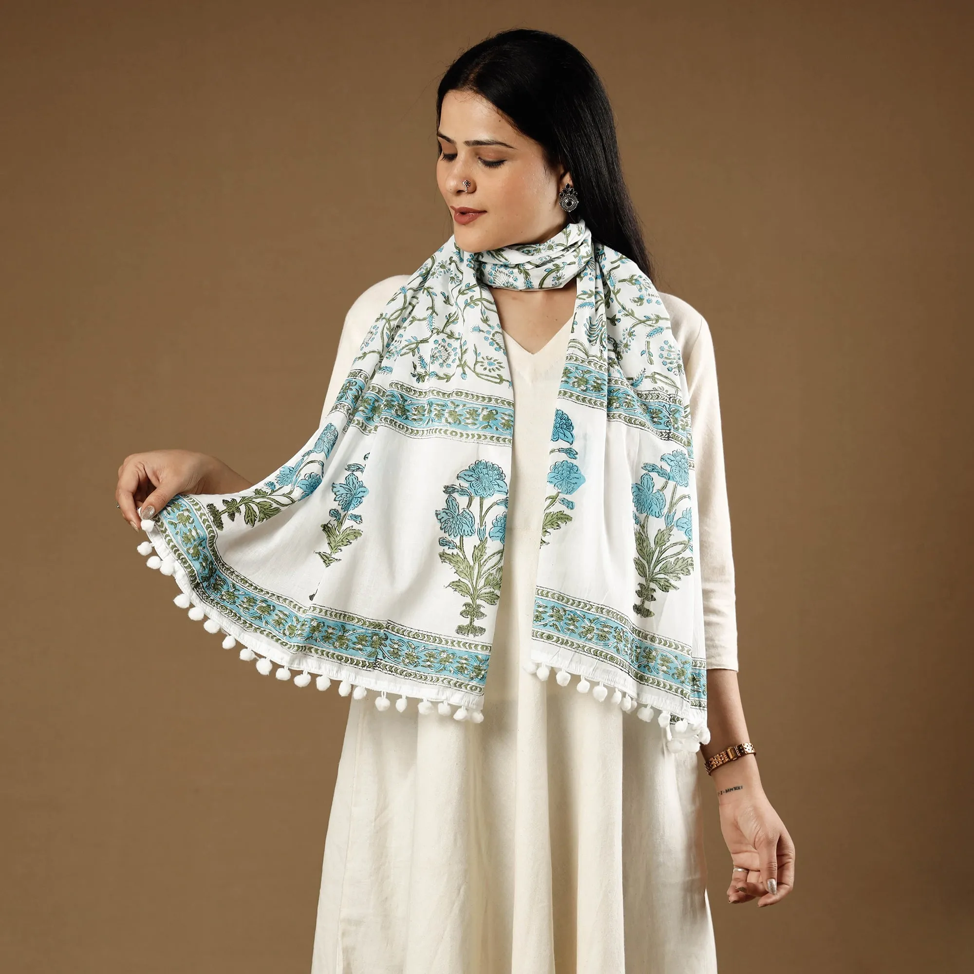 Gulshan Bagh White with Blue Sanganeri Block Printed Cotton Stole with Pom Pom 04