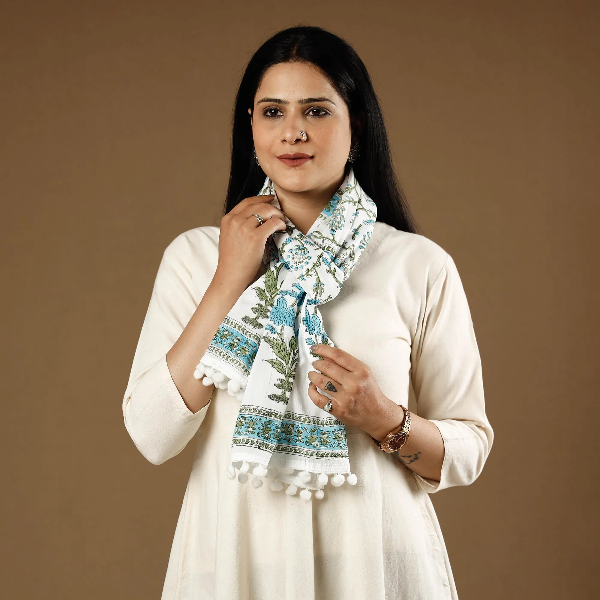 Gulshan Bagh White with Blue Sanganeri Block Printed Cotton Stole with Pom Pom 04