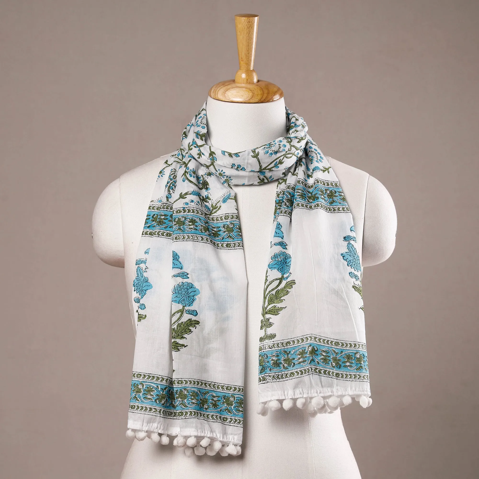 Gulshan Bagh White with Blue Sanganeri Block Printed Cotton Stole with Pom Pom 04