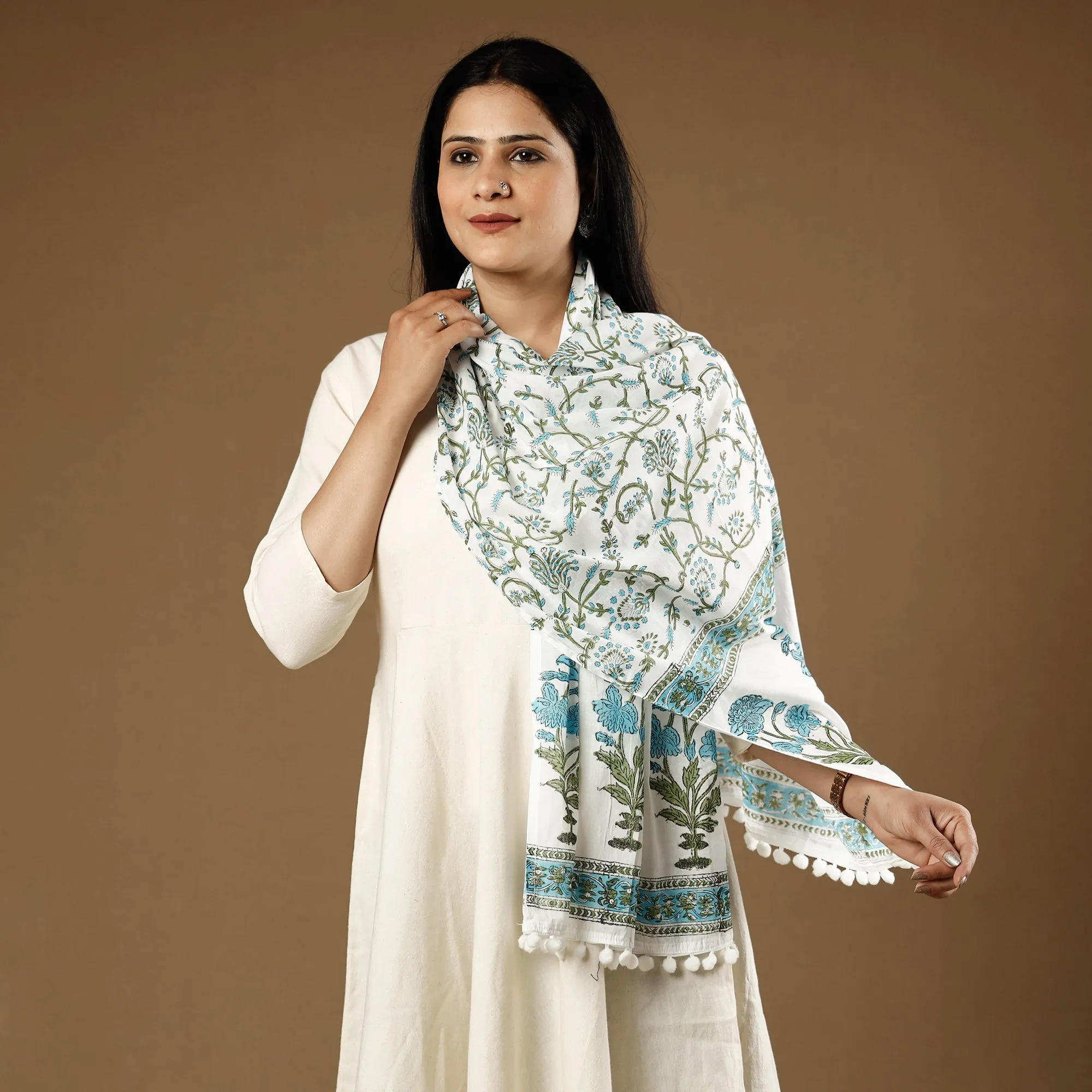 Gulshan Bagh White with Blue Sanganeri Block Printed Cotton Stole with Pom Pom 04