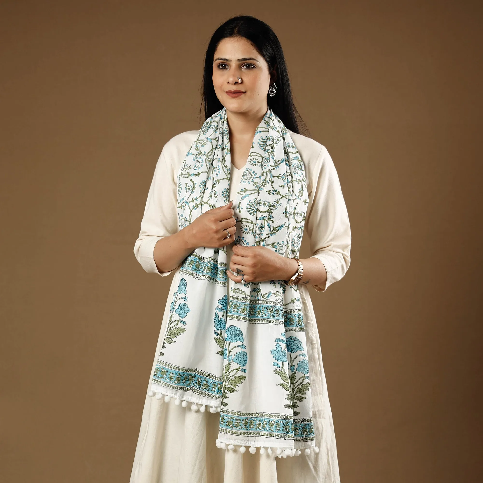 Gulshan Bagh White with Blue Sanganeri Block Printed Cotton Stole with Pom Pom 04