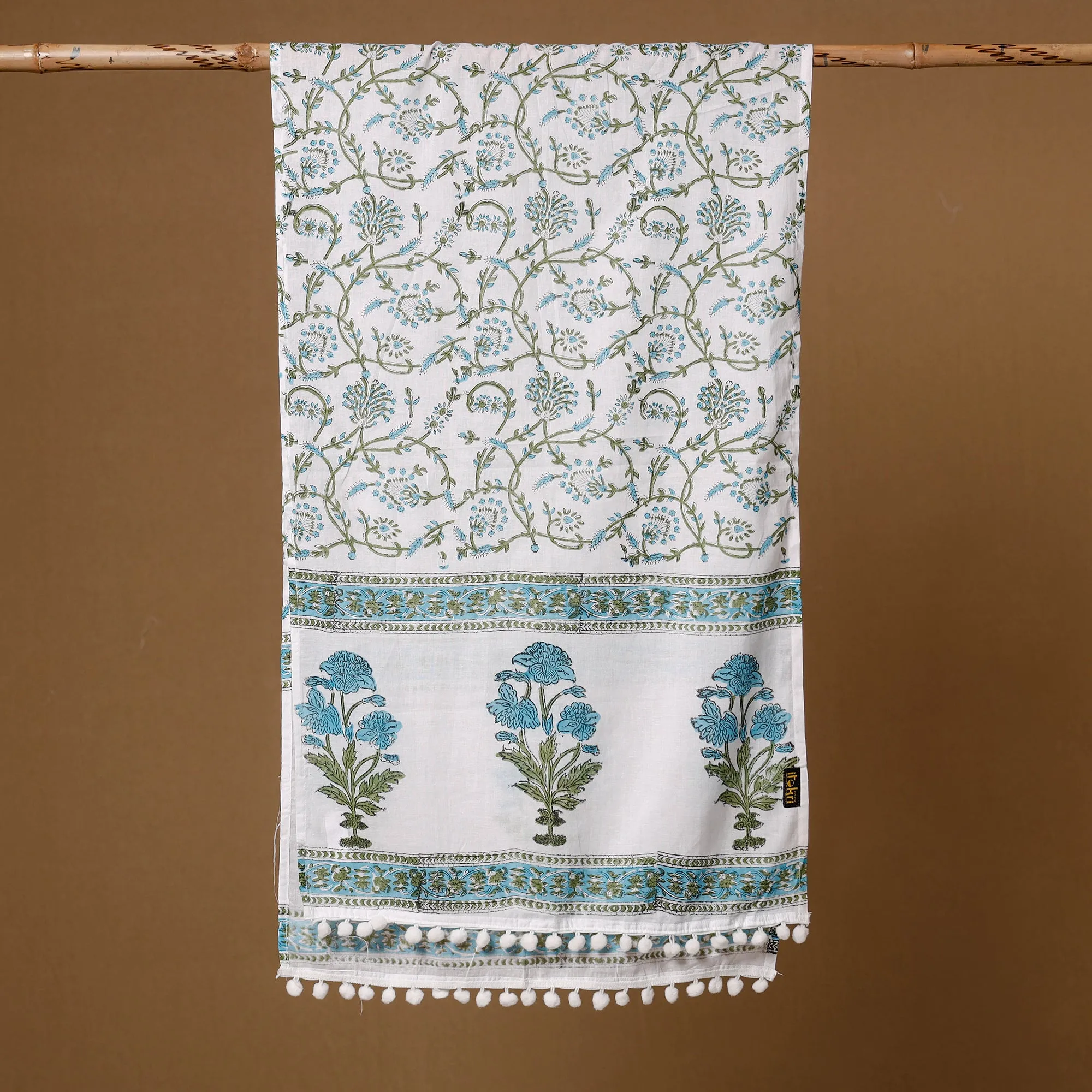 Gulshan Bagh White with Blue Sanganeri Block Printed Cotton Stole with Pom Pom 04