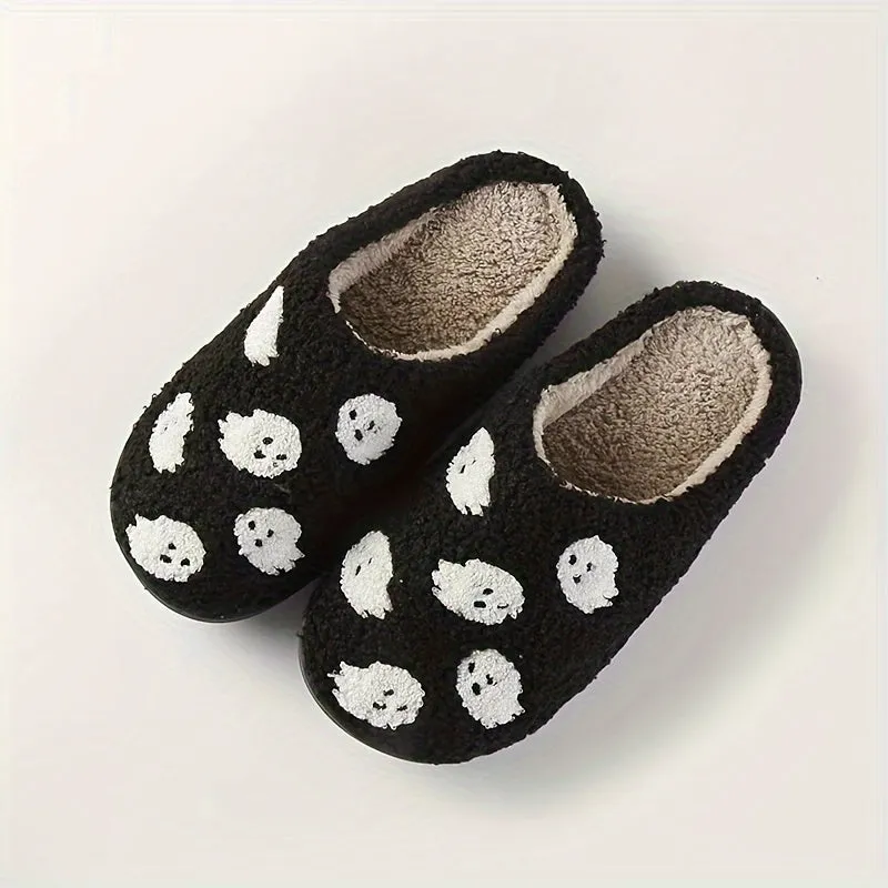 Halloween Cartoon Pattern Home Slippers, Soft Sole Bedroom Plush Lined Cozy Shoes, Non-slip Floor Mute Slippers, Winter & Autumn