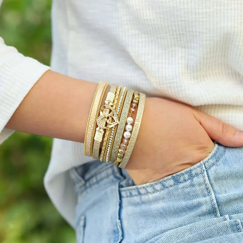 'Inspired Heart' Rhinestones and Beads Bracelet - gold