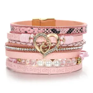 'Inspired Heart' Rhinestones and Beads Bracelet - pink