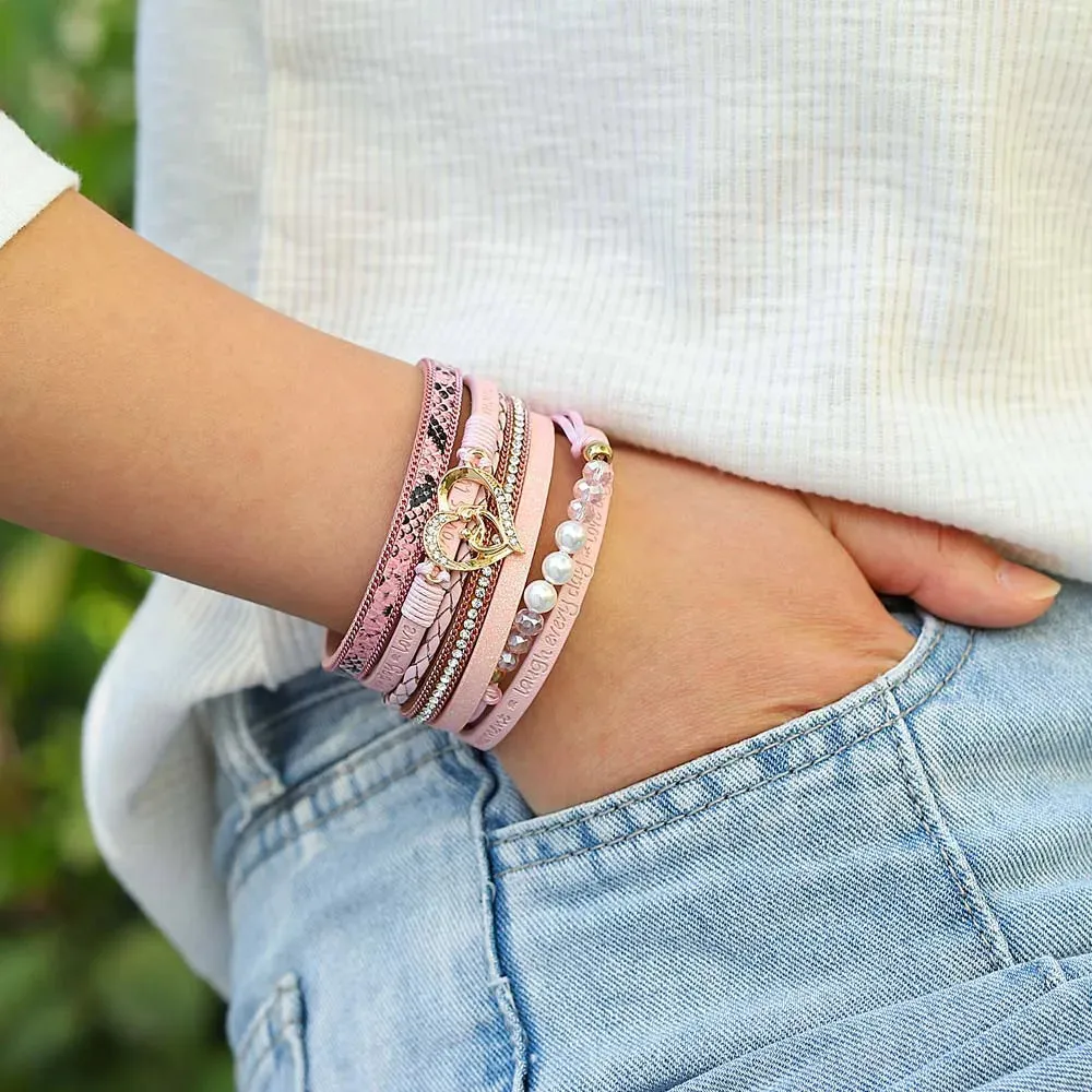 'Inspired Heart' Rhinestones and Beads Bracelet - pink