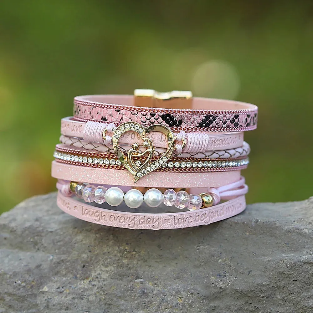 'Inspired Heart' Rhinestones and Beads Bracelet - pink