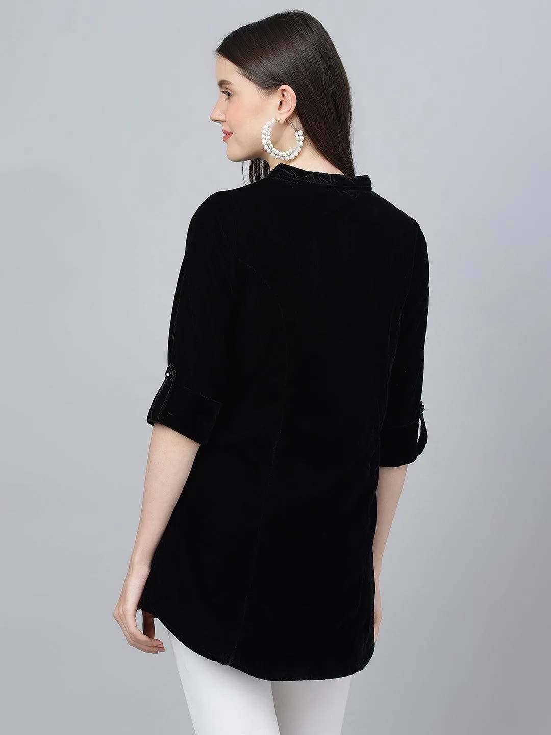 Jashvi Black Solid Velvet A-line Shirts Style Top