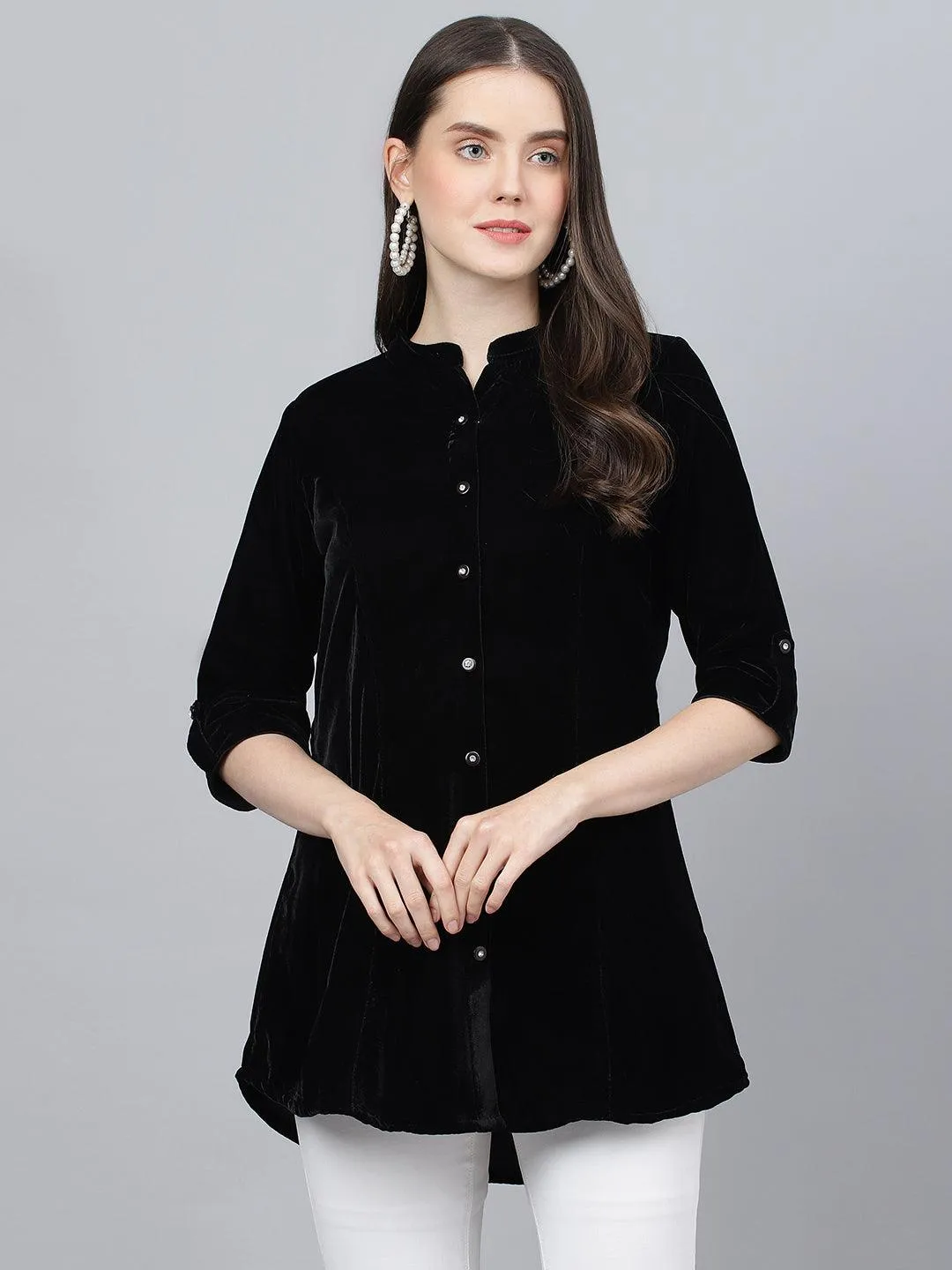 Jashvi Black Solid Velvet A-line Shirts Style Top