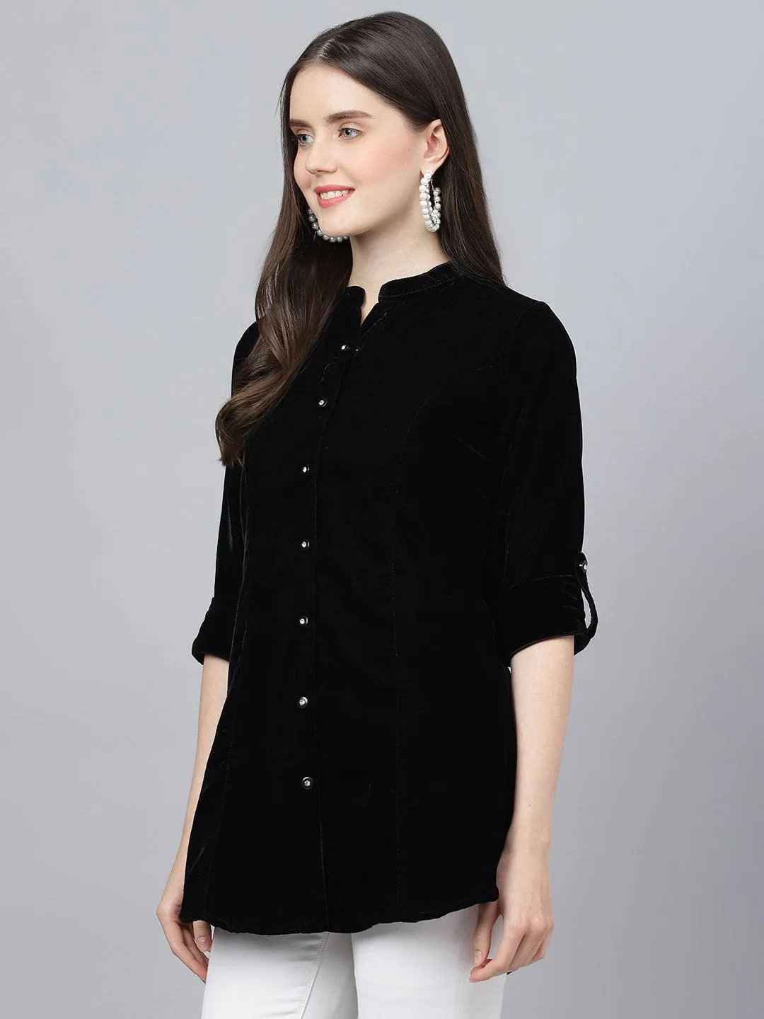 Jashvi Black Solid Velvet A-line Shirts Style Top