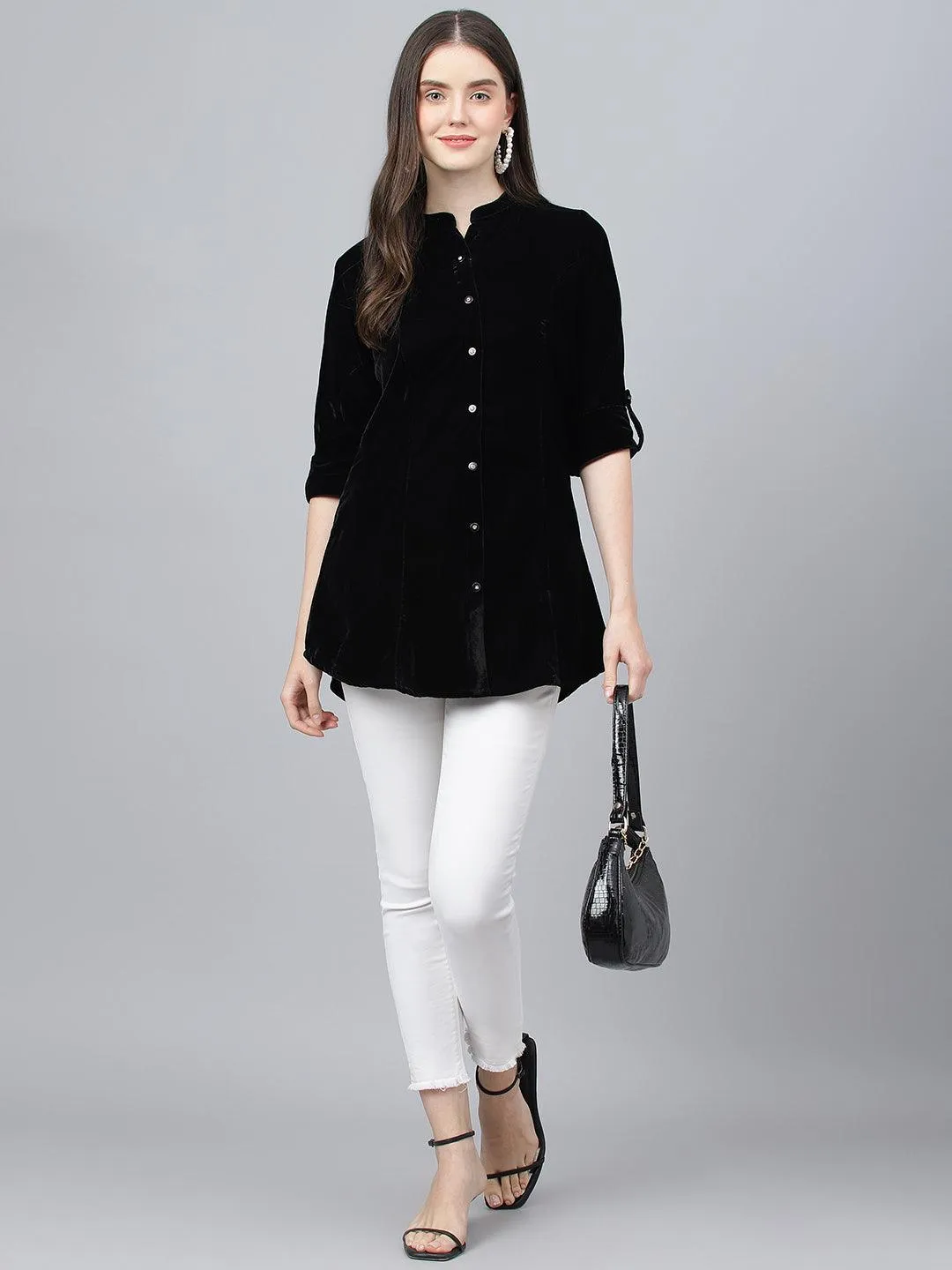 Jashvi Black Solid Velvet A-line Shirts Style Top