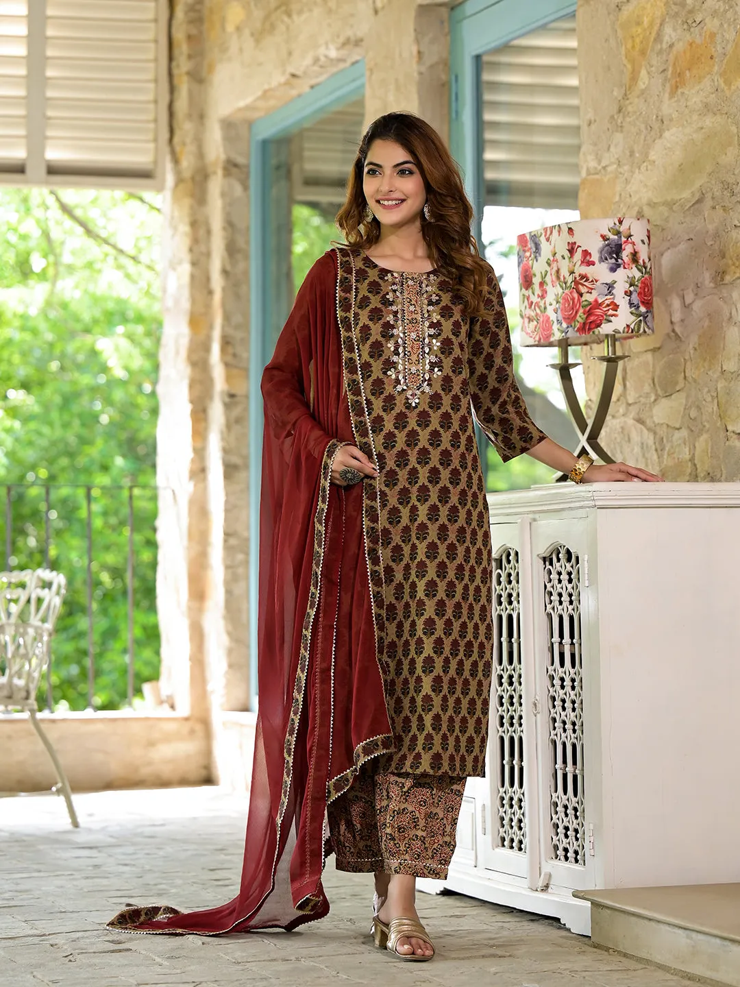 Jashvi Brown Straight fit Zardozi Work Knee Long Cotton Kurta Set for women