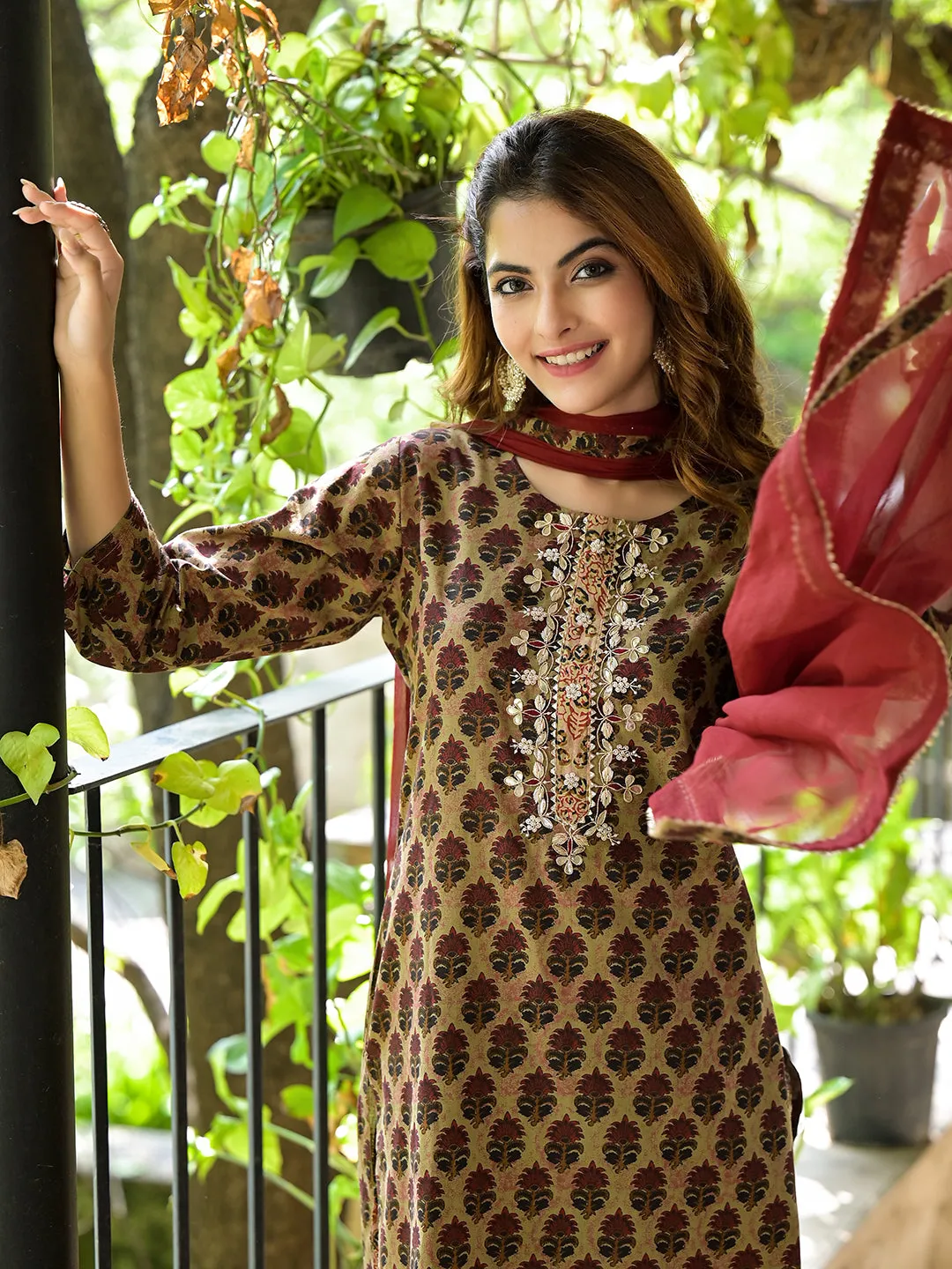 Jashvi Brown Straight fit Zardozi Work Knee Long Cotton Kurta Set for women