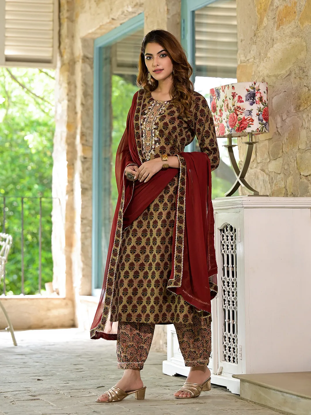 Jashvi Brown Straight fit Zardozi Work Knee Long Cotton Kurta Set for women