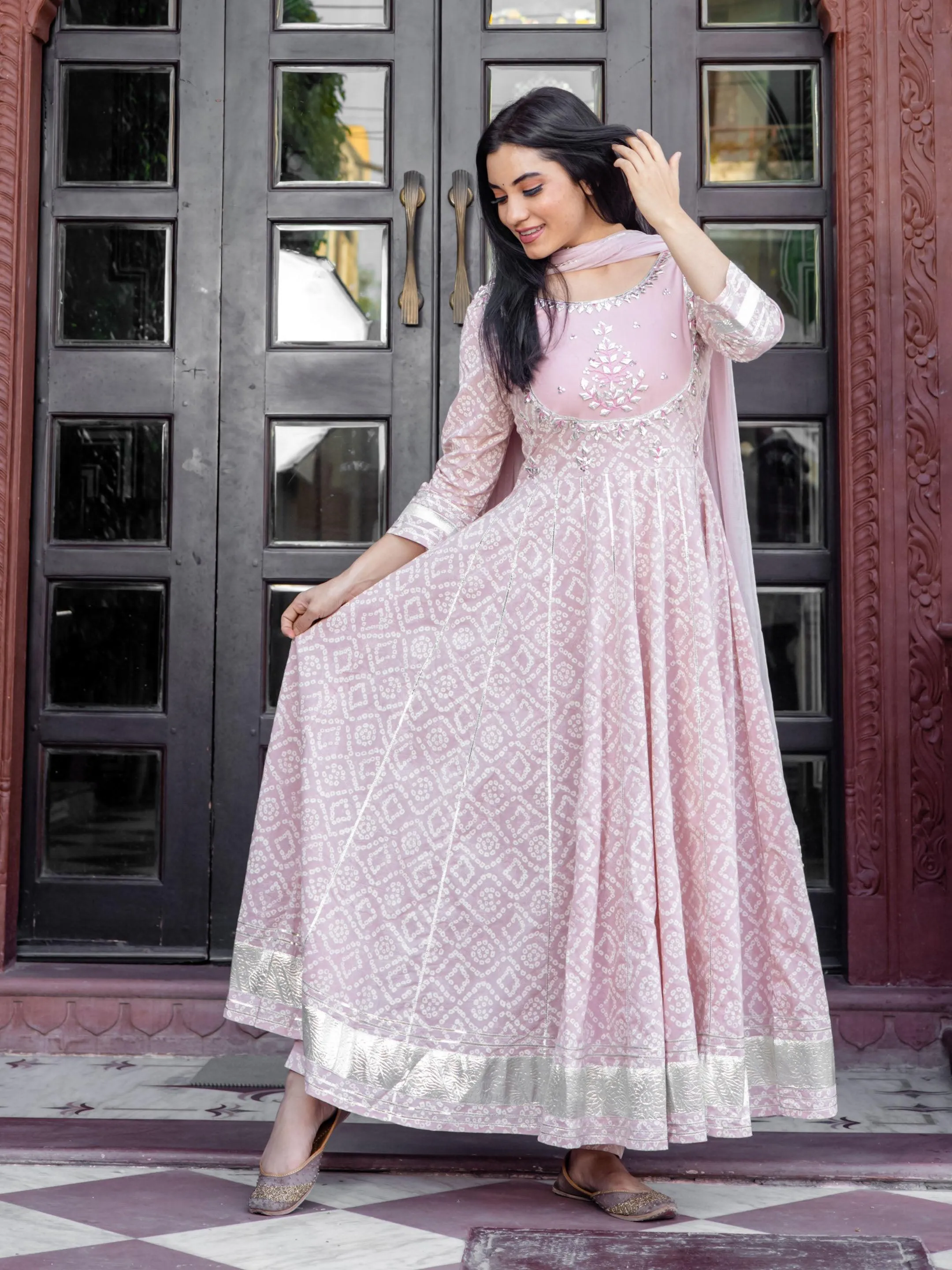 Jashvi Light Pink Cotton Anarkali Kurta Pant set with Net Dupatta