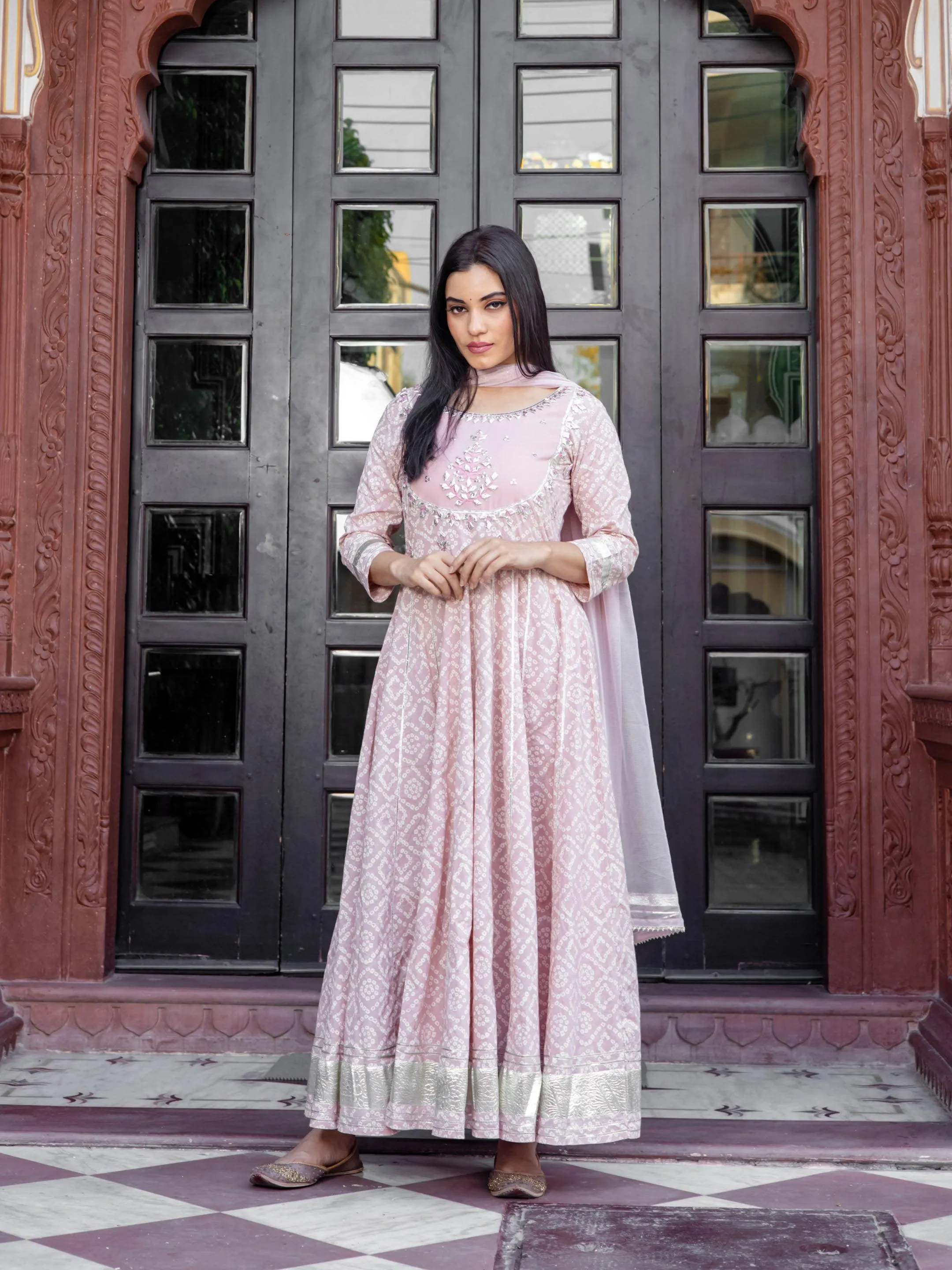 Jashvi Light Pink Cotton Anarkali Kurta Pant set with Net Dupatta