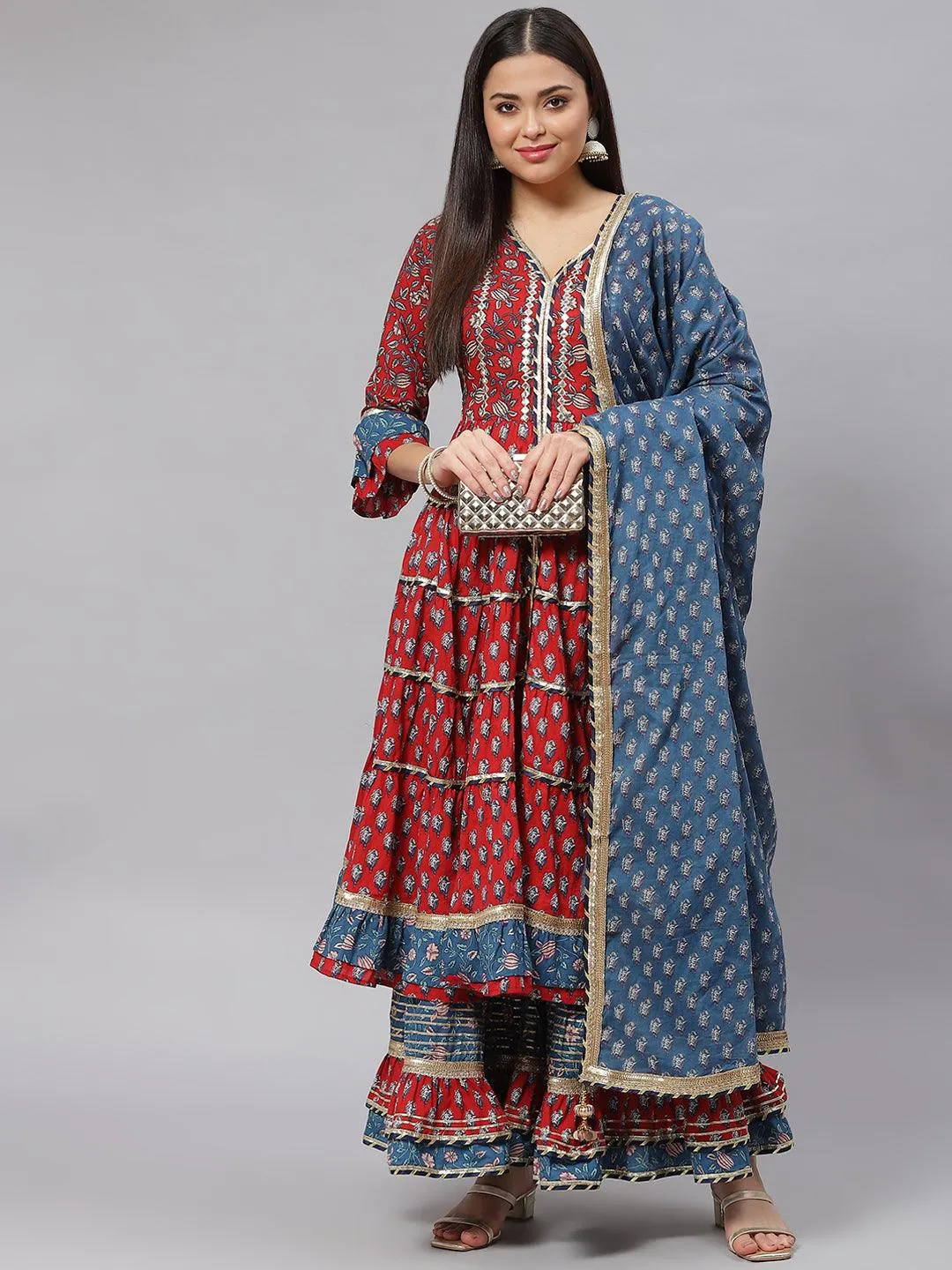 Jashvi Maroon & Blue Anarkali Kurta Sharara Set with Dupatta