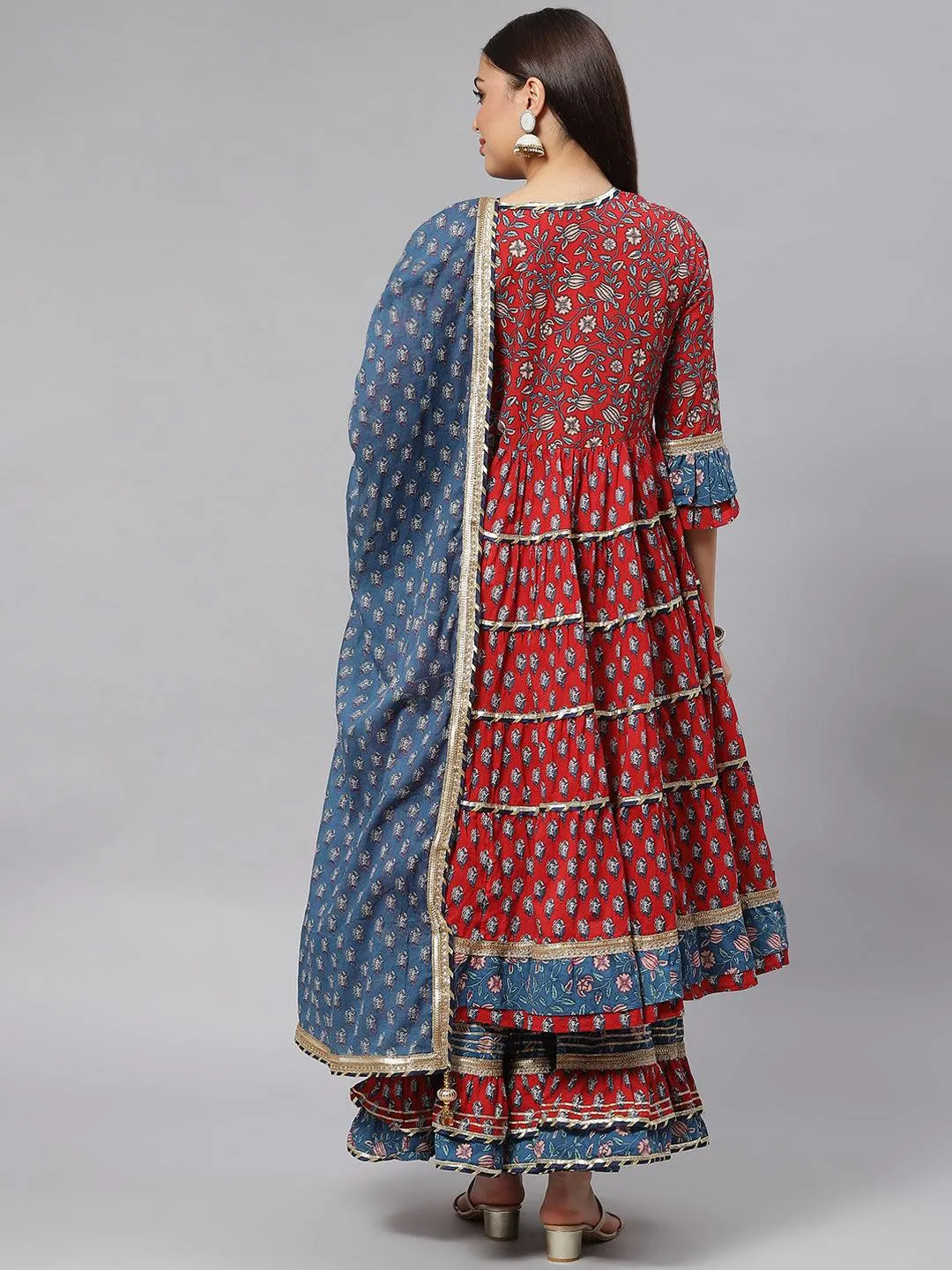 Jashvi Maroon & Blue Anarkali Kurta Sharara Set with Dupatta